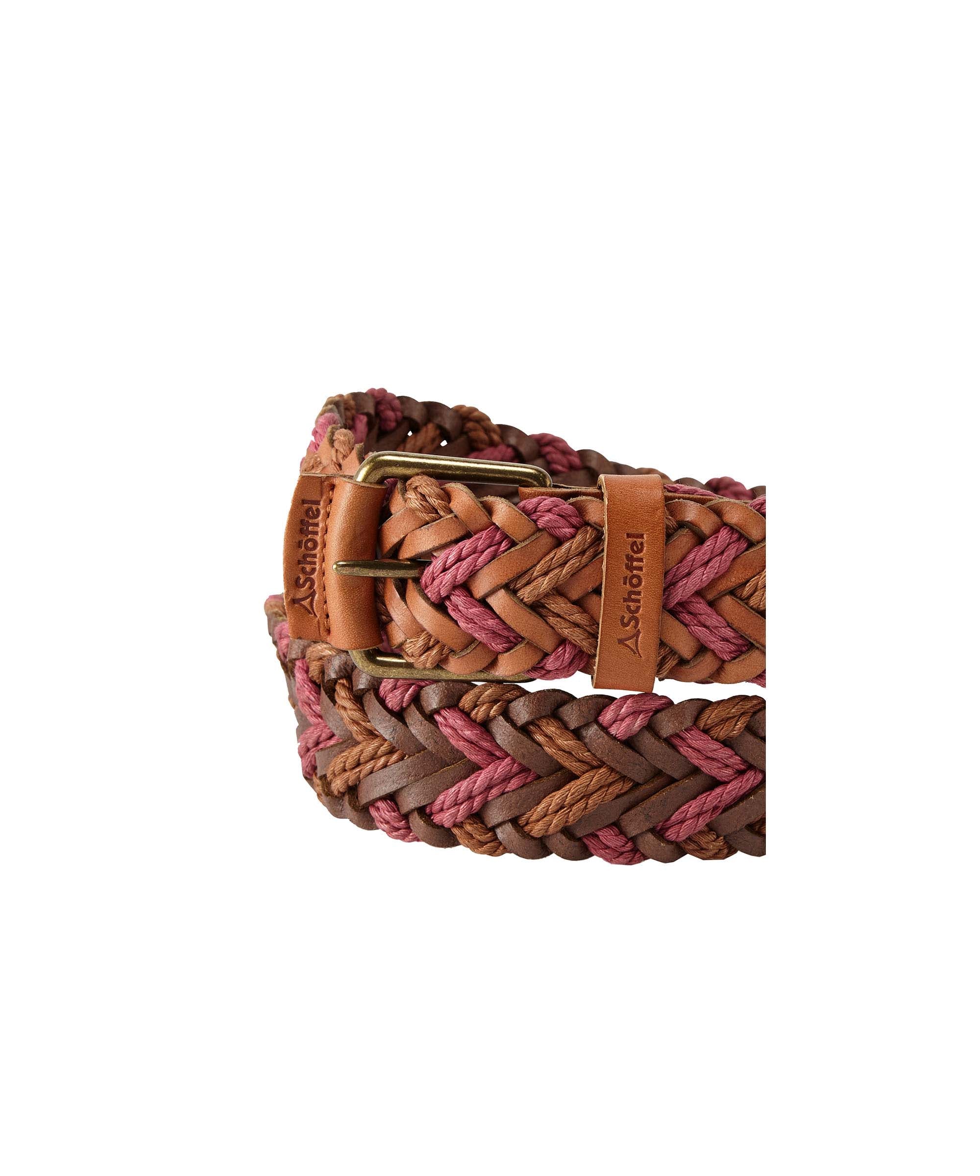 Schöffel Women's Braided Leather Belt in Pink and Brown with antique brass buckle and branded tan leather trim close-up detail