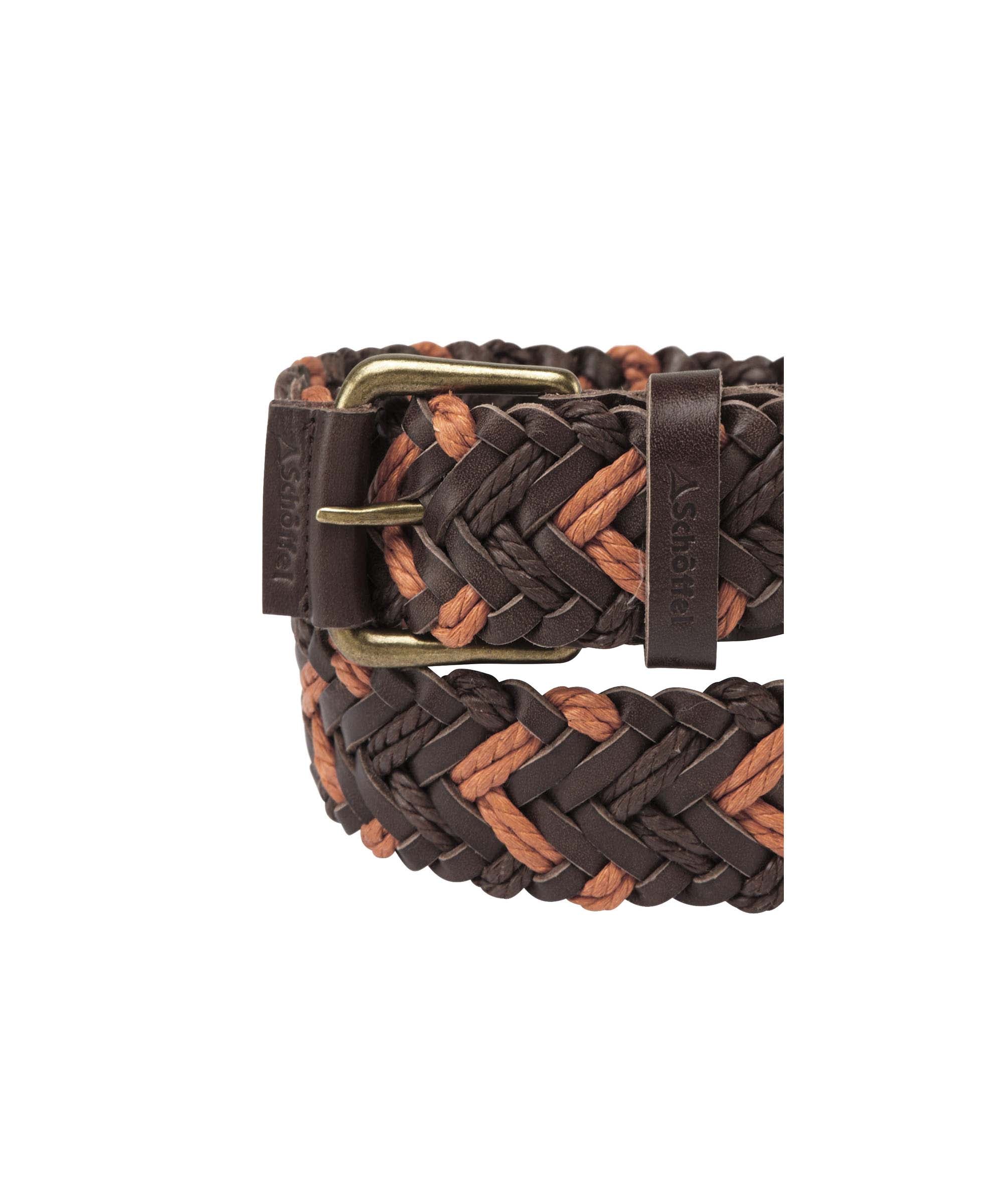 Brown braided belt with gold buckle on a white background