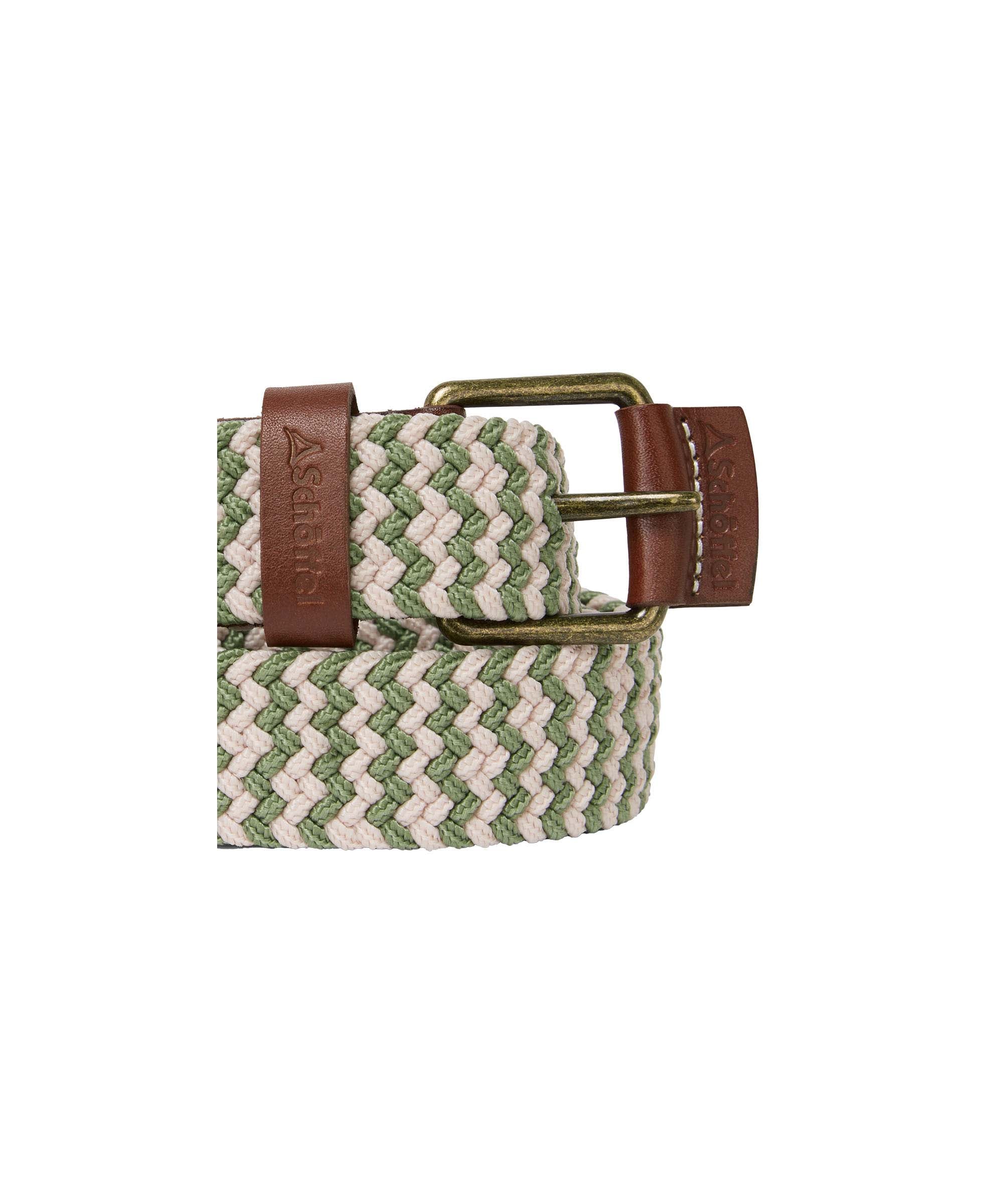 Schöffel Unisex Woven Belt in Green and Cream chevron pattern with antique brass buckle and branded tan leather trim close-up detail