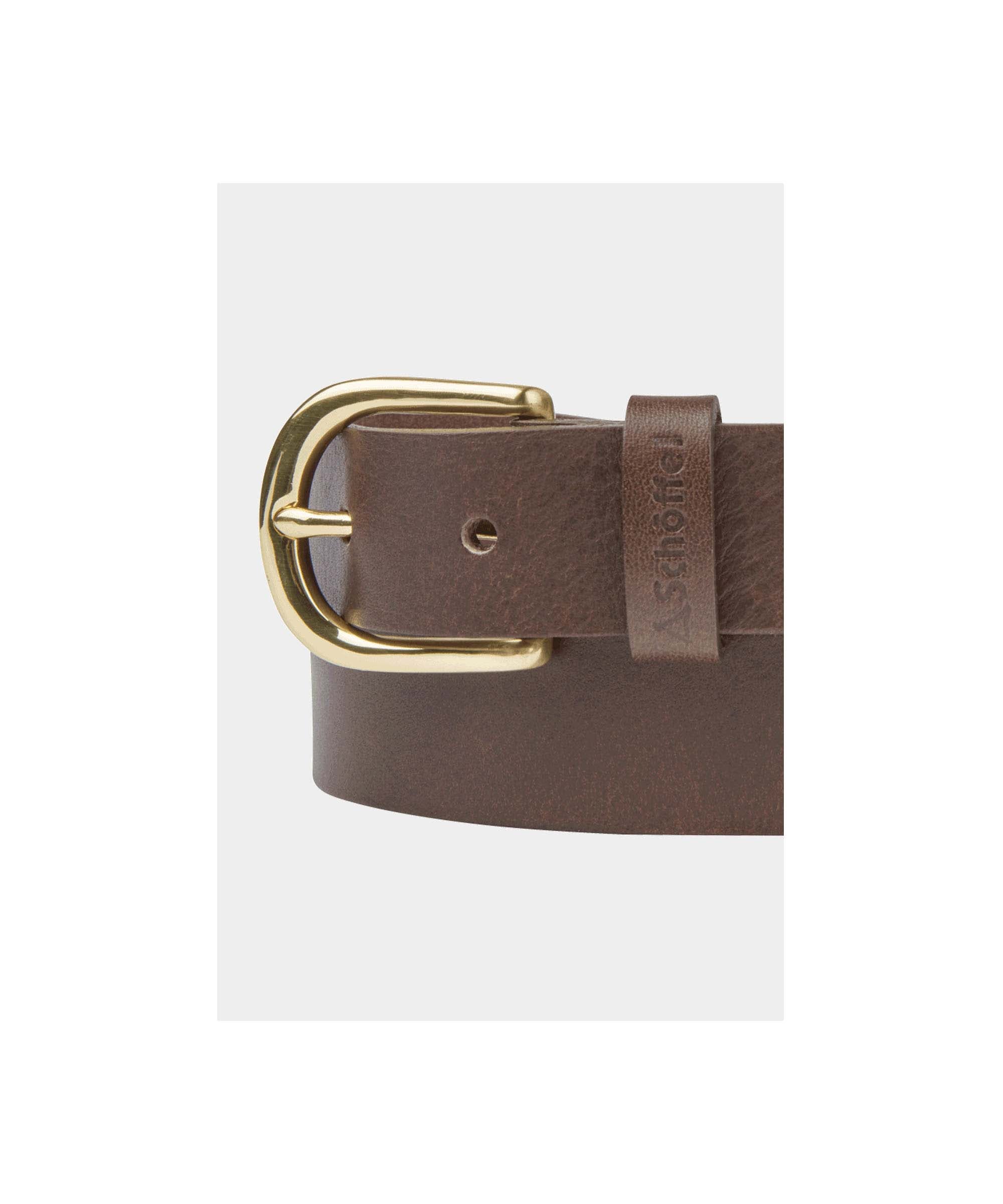Schöffel Men's Leather Belt in Dark Brown with polished gold buckle and branded embossed keeper close-up detail