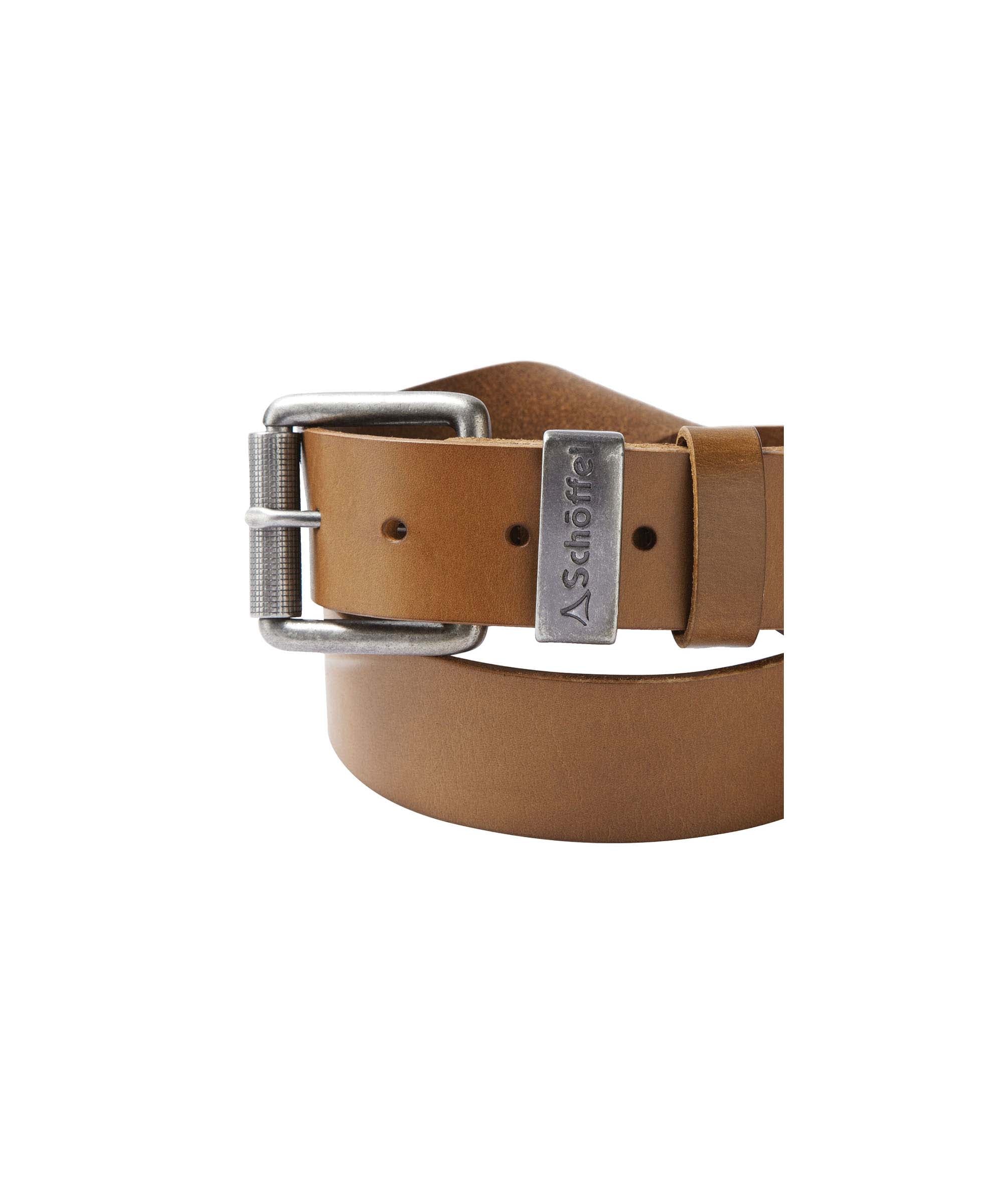 Schöffel Men's Leather Belt in Tan with antique silver roller buckle and branded keeper close-up detail