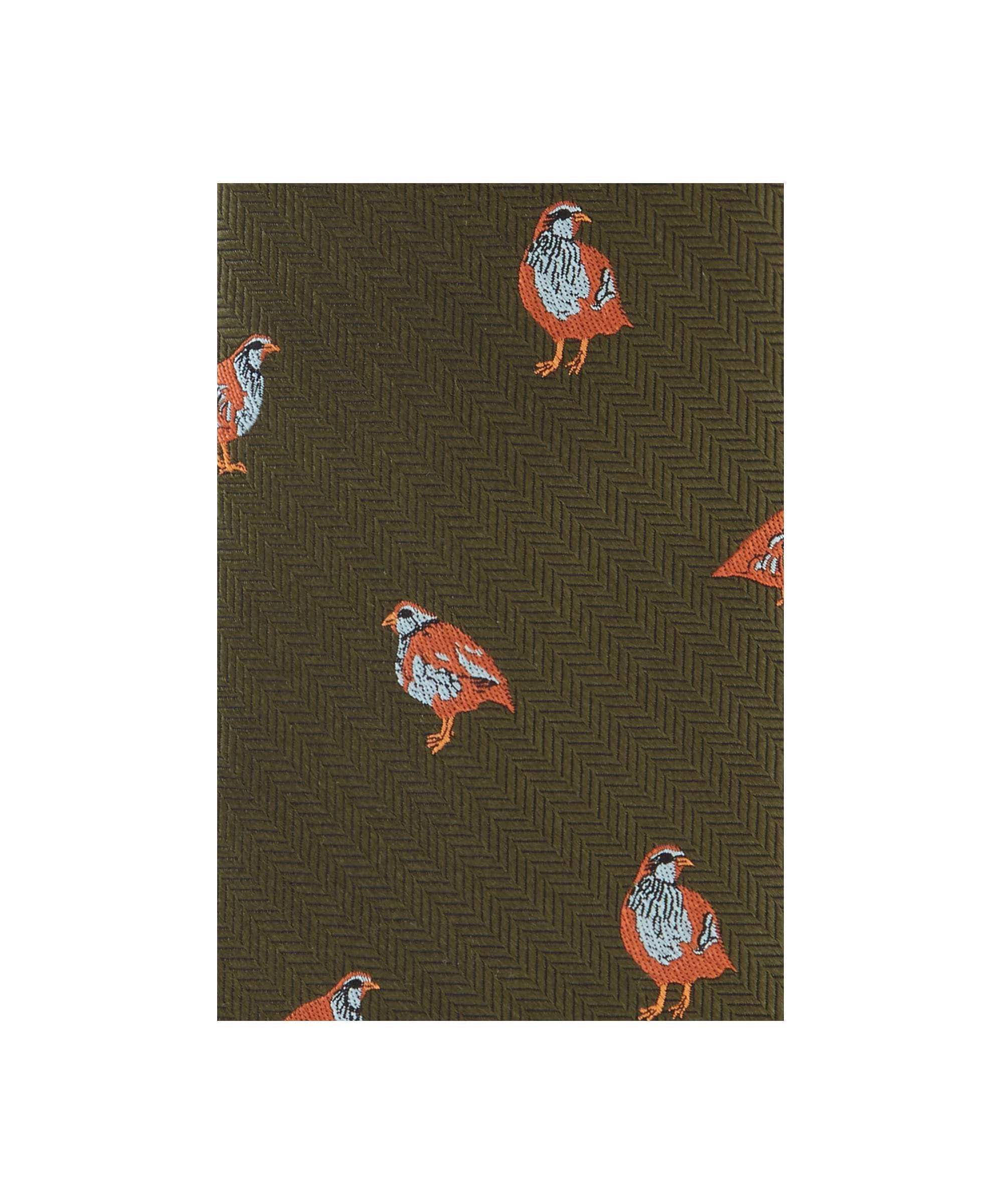 Schöffel Men's Silk Tie in Dark Green with embroidered partridge bird pattern on herringbone ground close-up detail.