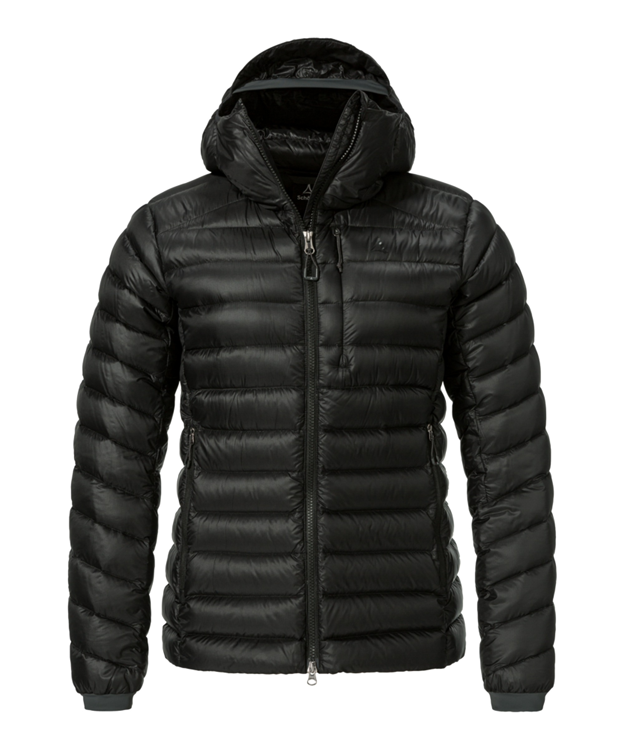 Women’s Silvretta Down Jacket in black with hood and horizontal stitching