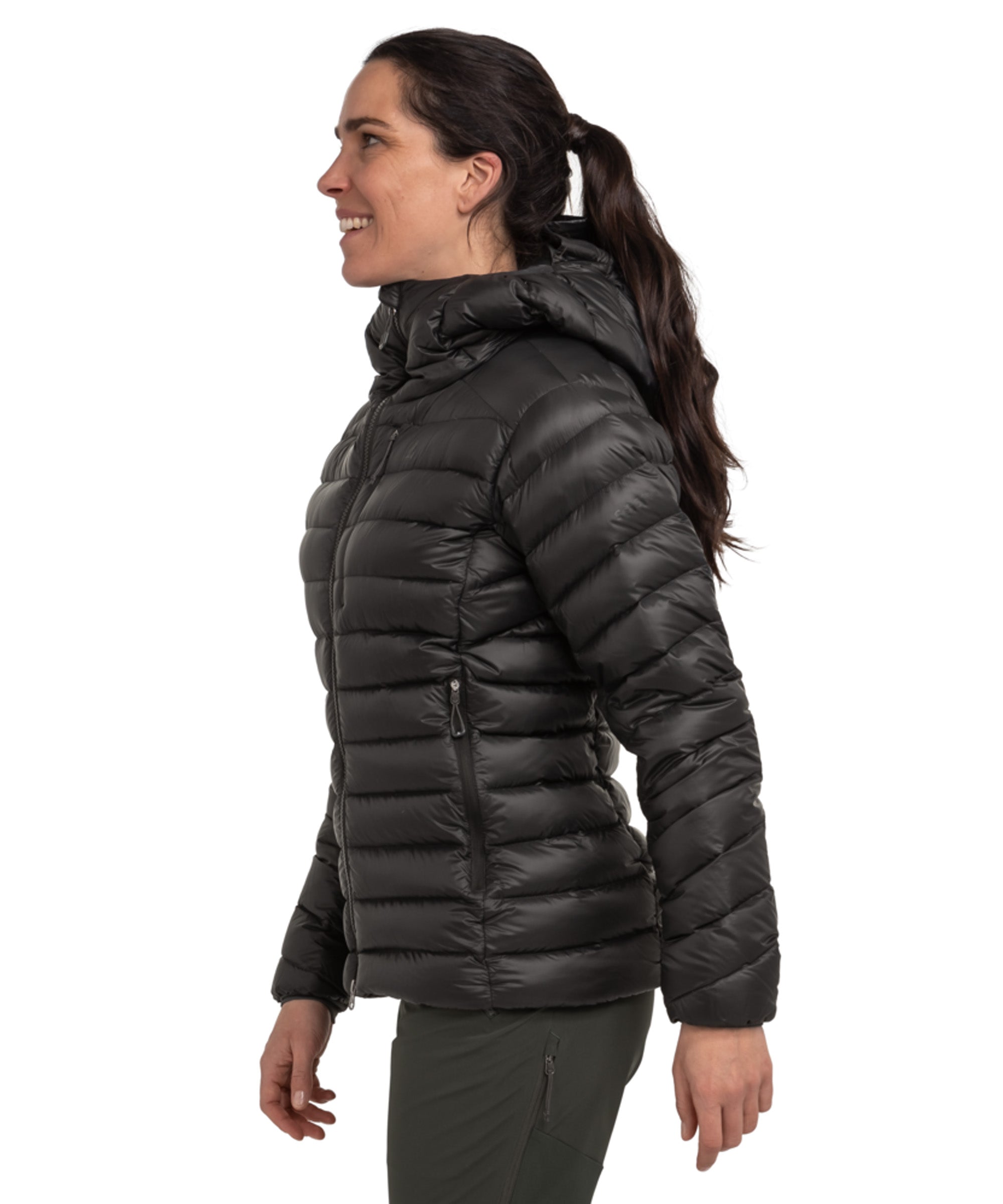 Women’s Silvretta down jacket in black quilted puffer with hood
