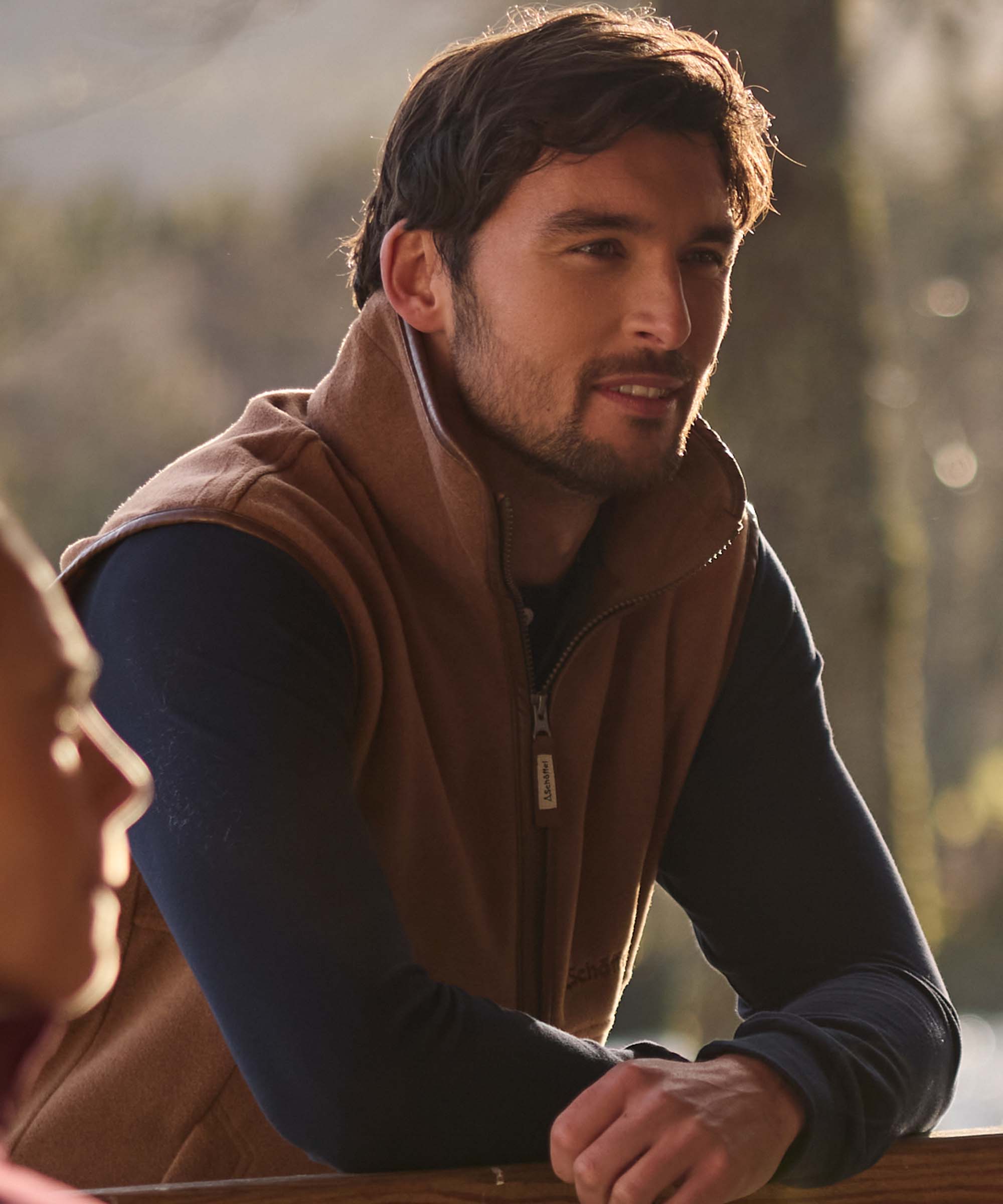Oakham fleece gilet toffee brown fleece vest with zipper front and small brand tag on the placket