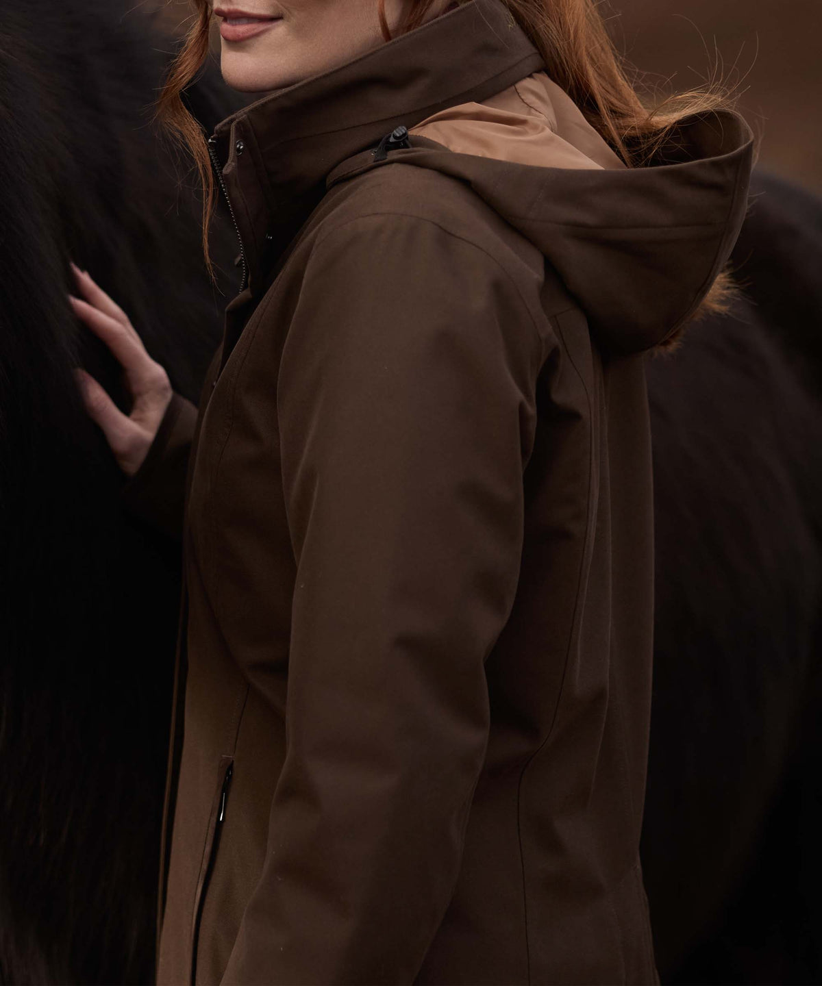 Marefield waterproof coat dark caper brown hooded jacket with tan lining and black zipper details