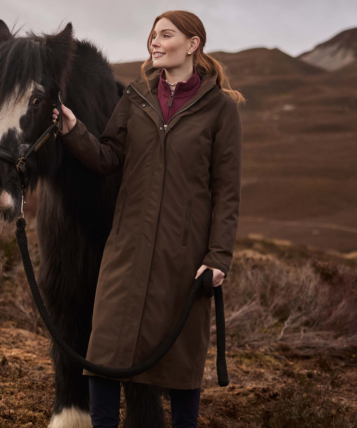 Marefield waterproof coat dark caper long-line dark brown riding coat with hood and front zipper