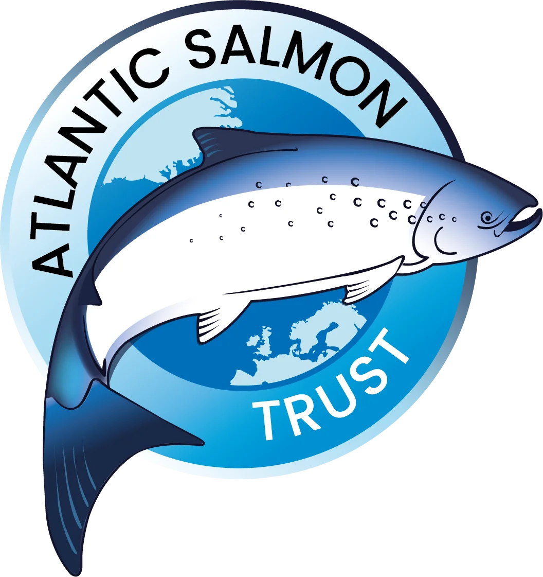 Logo of the Atlantic Salmon Trust with a stylized salmon and blue background
