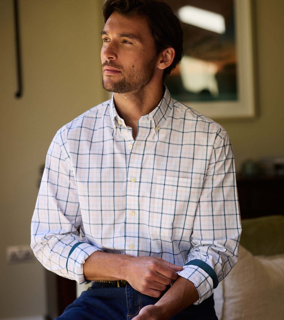 Man wearing a checkered shirt sitting in a room with a painting on the wall.