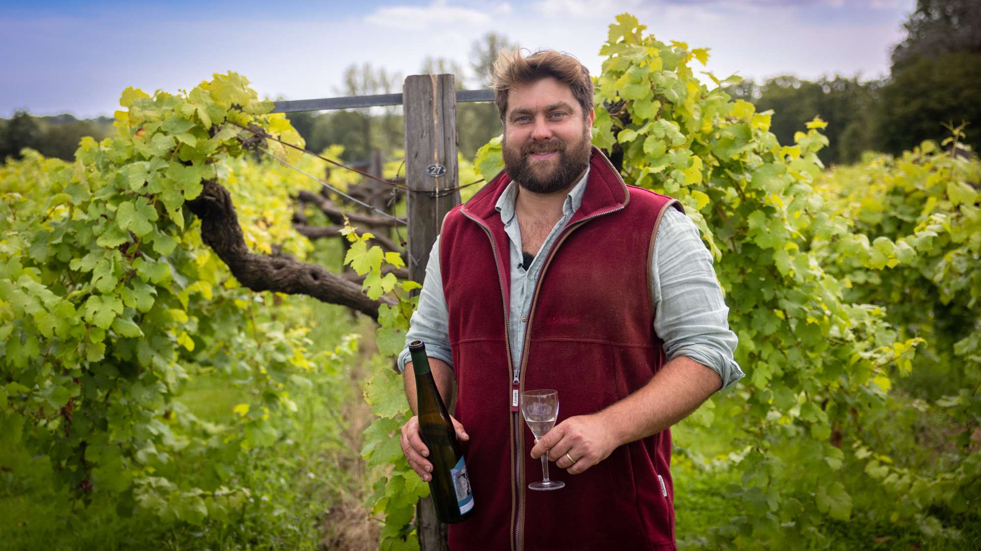 A man standing in a vineyard holding a bottle and a glass.