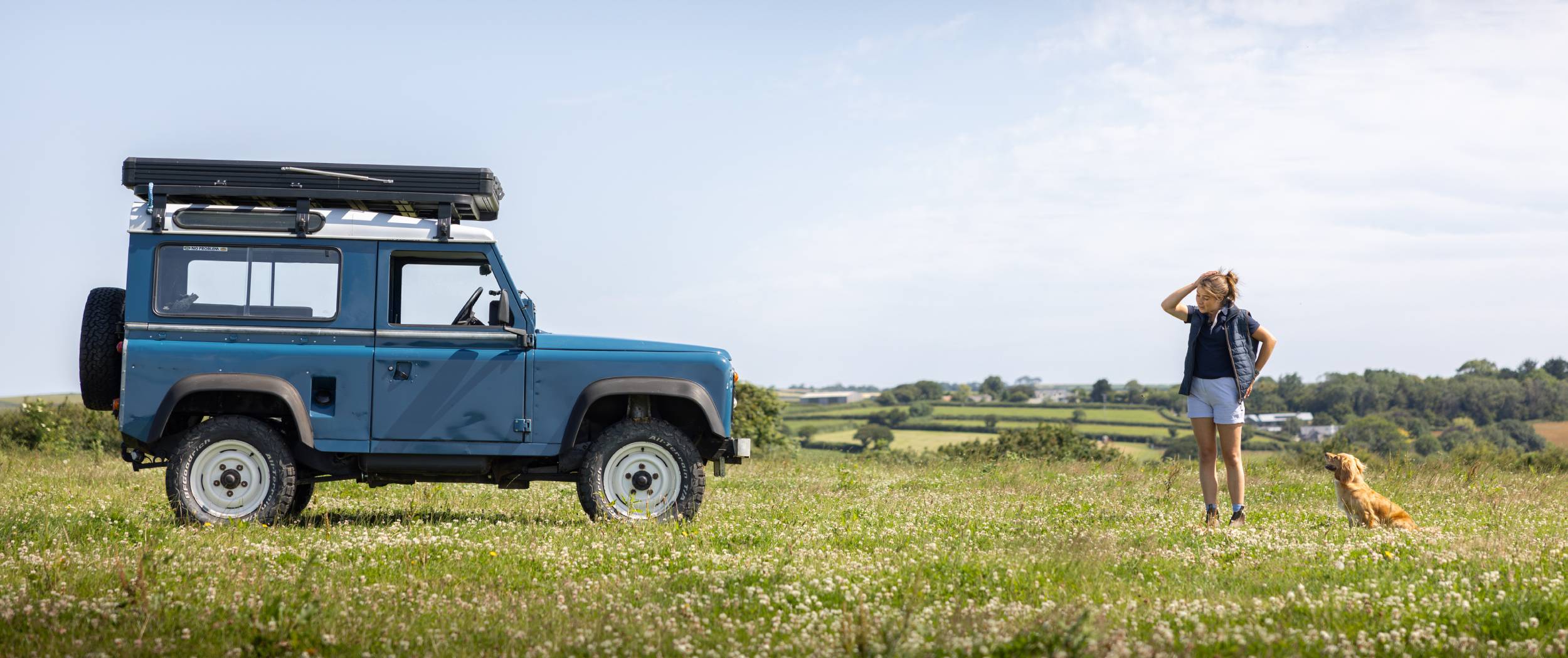 Blue Land Rover Defender with a roof rack in a grassy field with a person and dog.