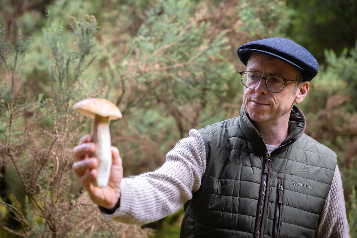 A man wearing a green quilted gilet holds up a large mushroom in a forest.
