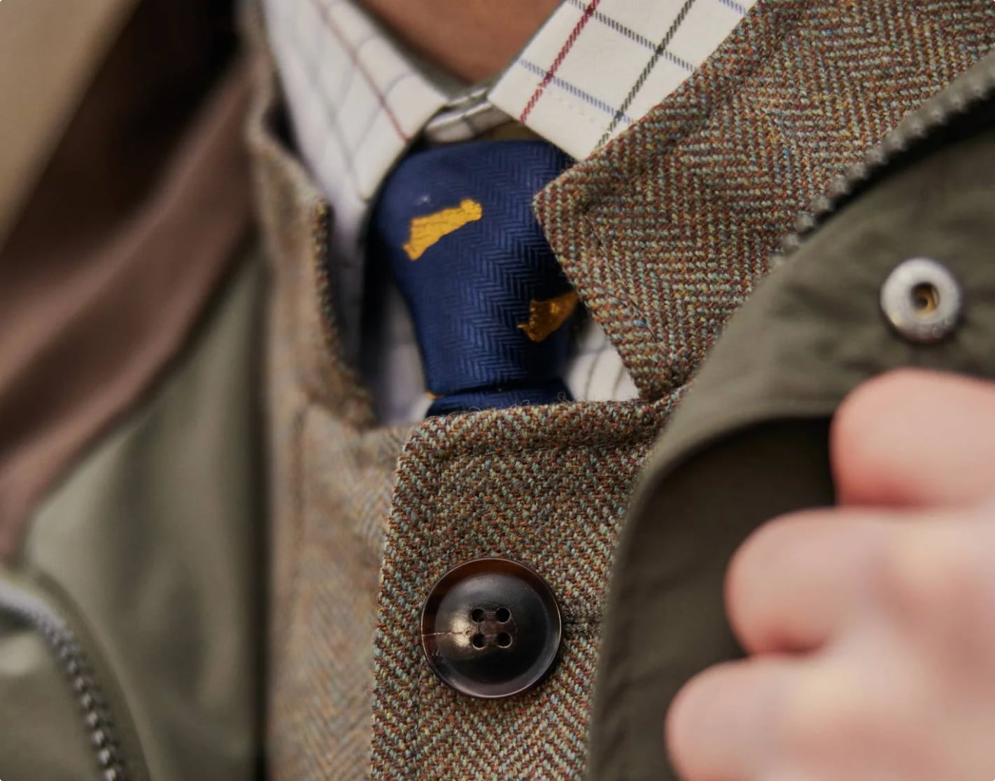 Close-up of a layered country outfit featuring a herringbone tweed jacket with a horn button, a checked shirt, and a navy tie with a gold pheasant motif.