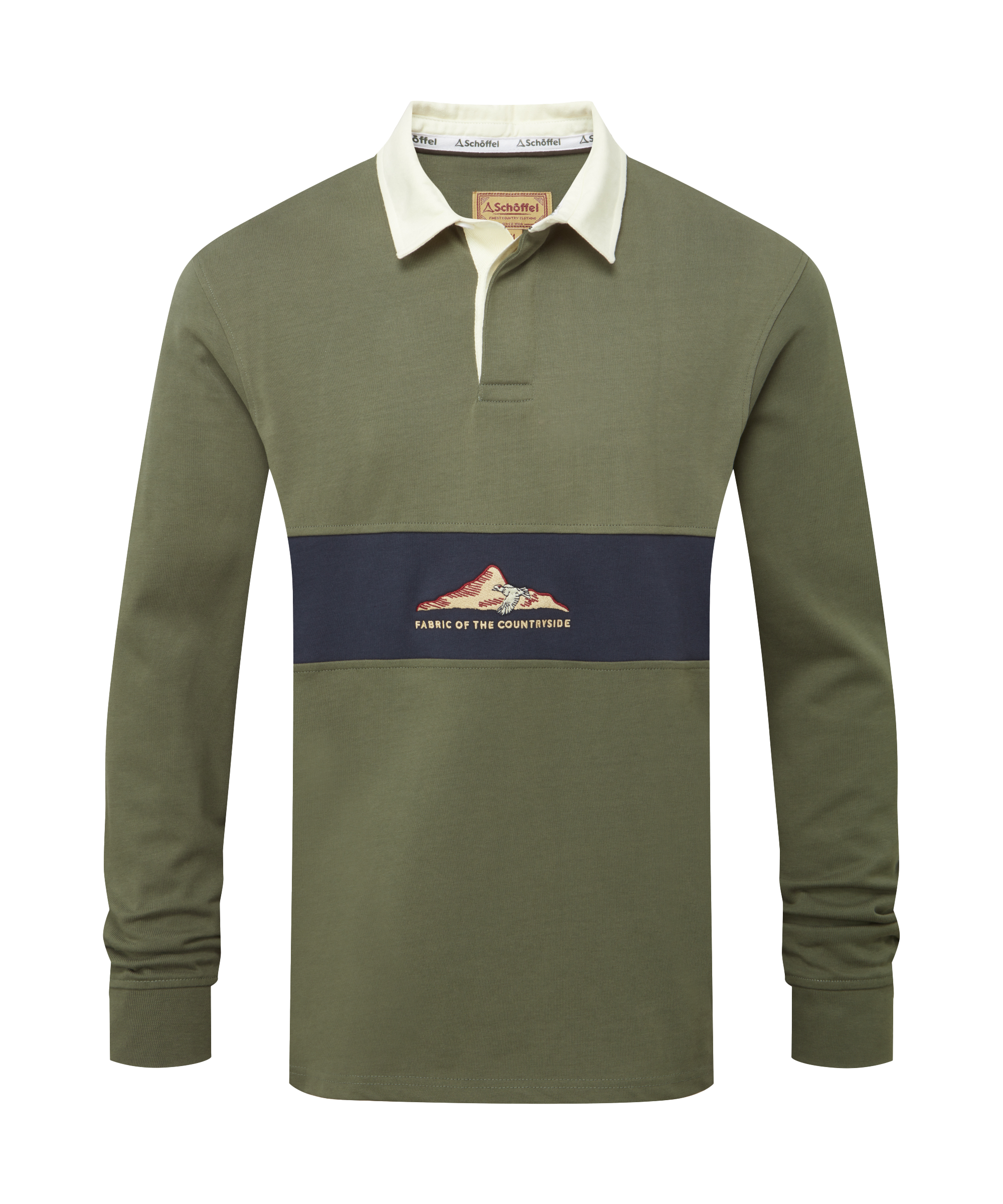 Green long-sleeve rugby shirt with a navy band and logo on a white background
