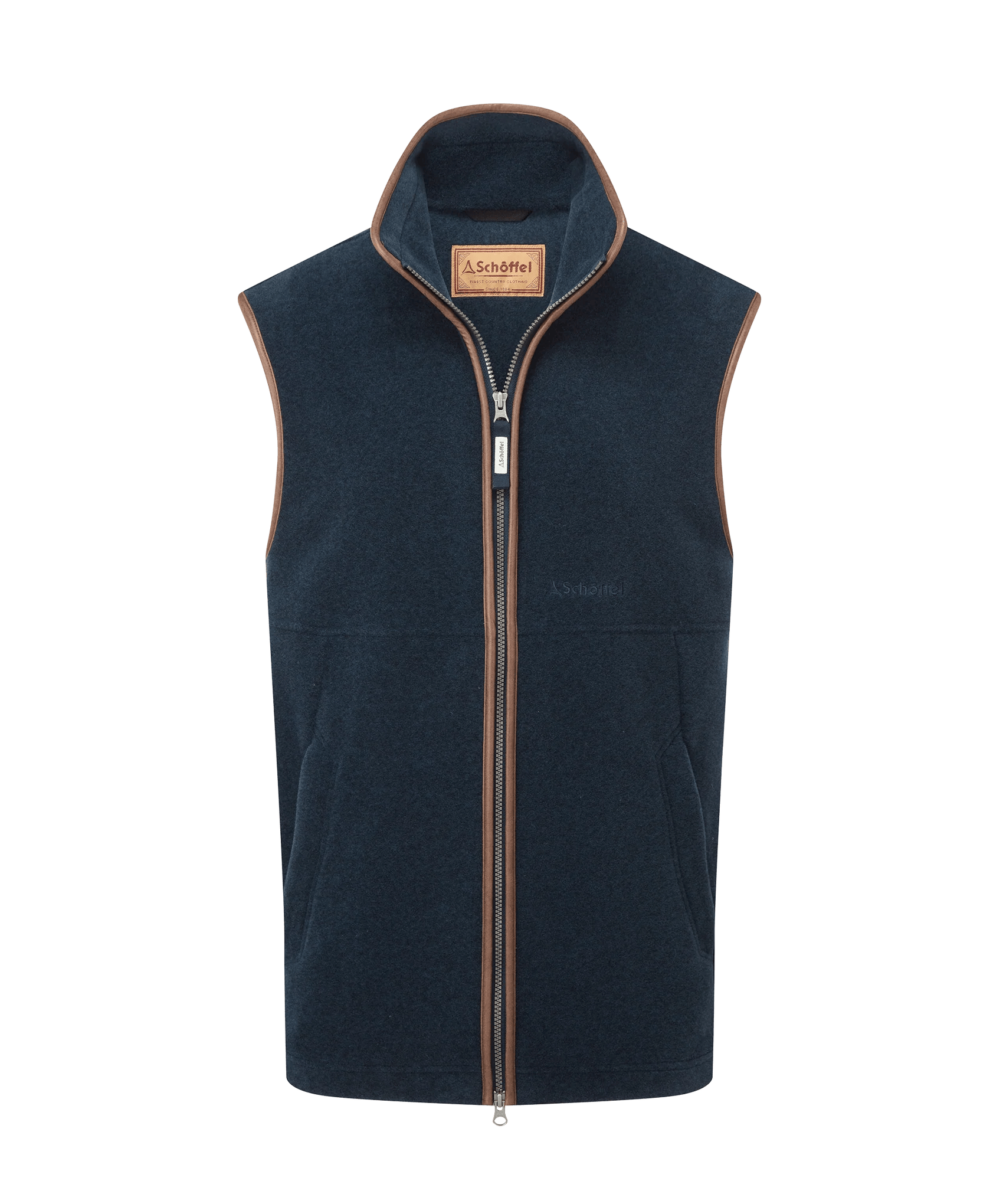 Navy Schoffel branded gilet on a white backround