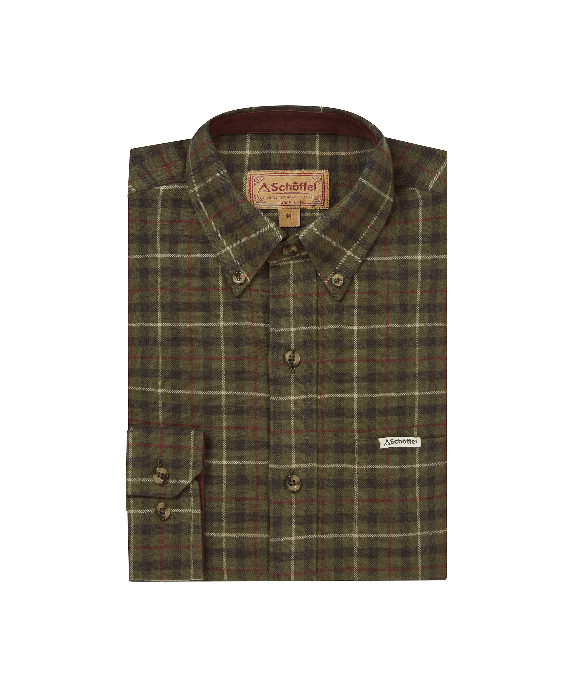 Schöffel men's folded flannel shirt in olive green with a classic tartan check, button-down collar and branded patch label