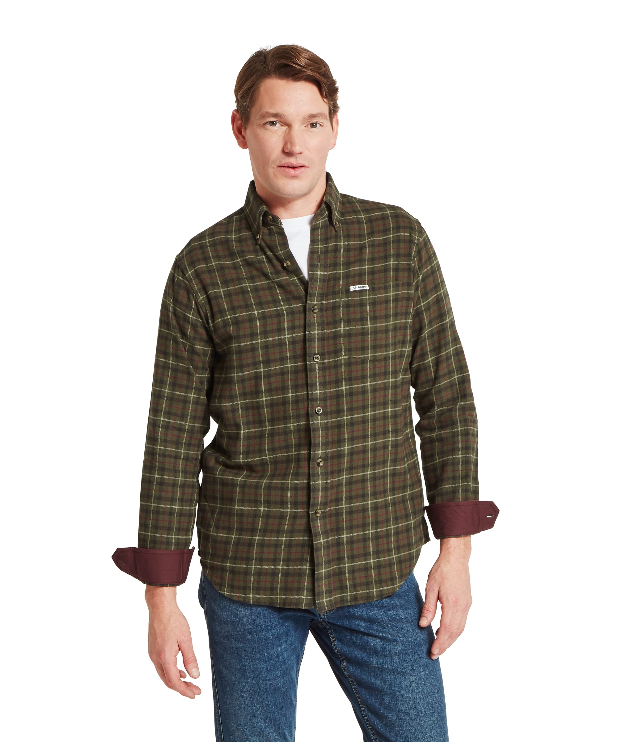 Schöffel Men's Akenham Shirt in Green - rear view showing the bold olive and rust tartan check pattern with a back pleat and long sleeves, worn with blue jeans.
