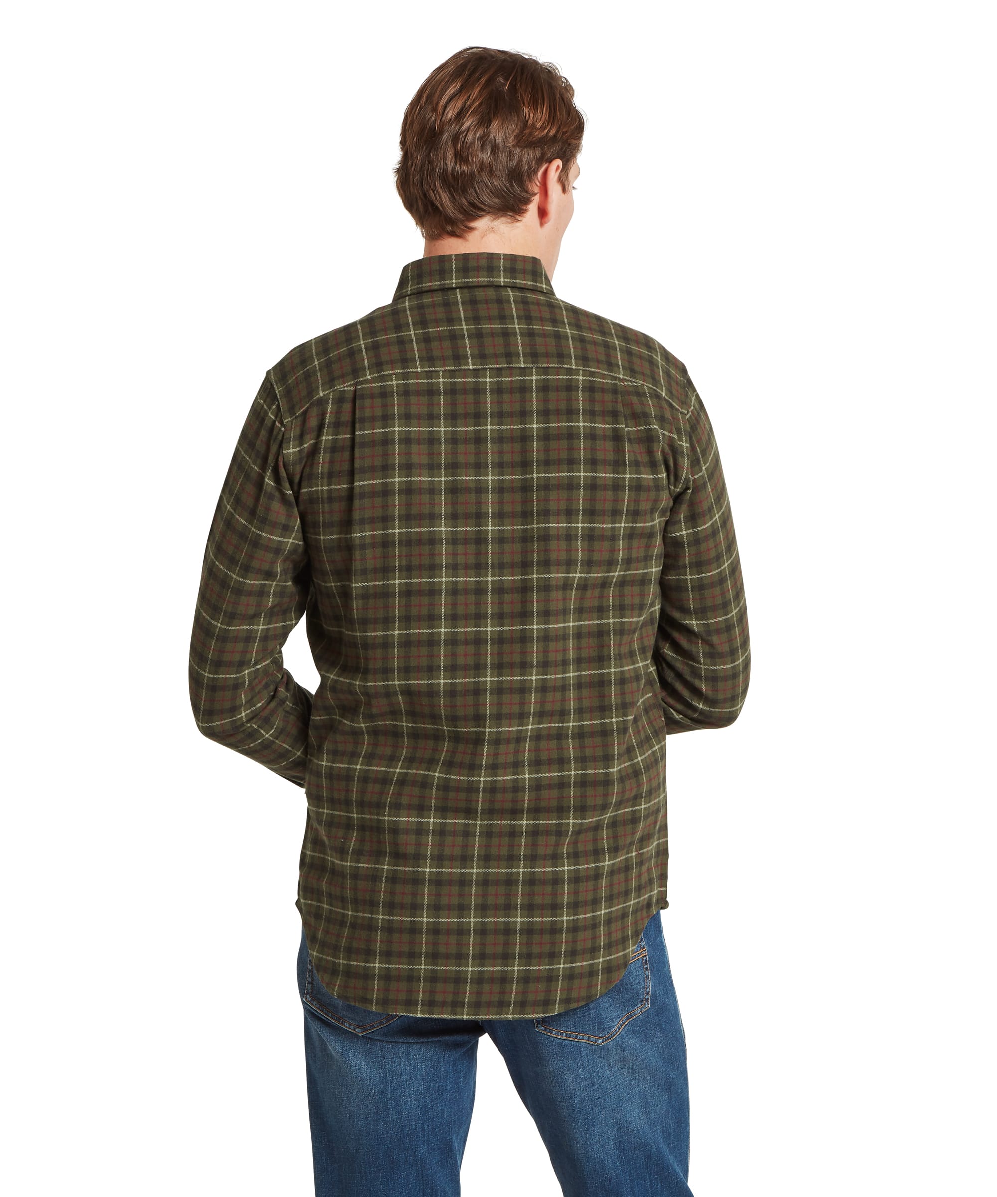 Schöffel Men's Akenham Shirt in Green - full-length front view worn untucked with blue jeans and white trainers, showcasing the classic country tartan check and burgundy wax cotton cuff lining.
