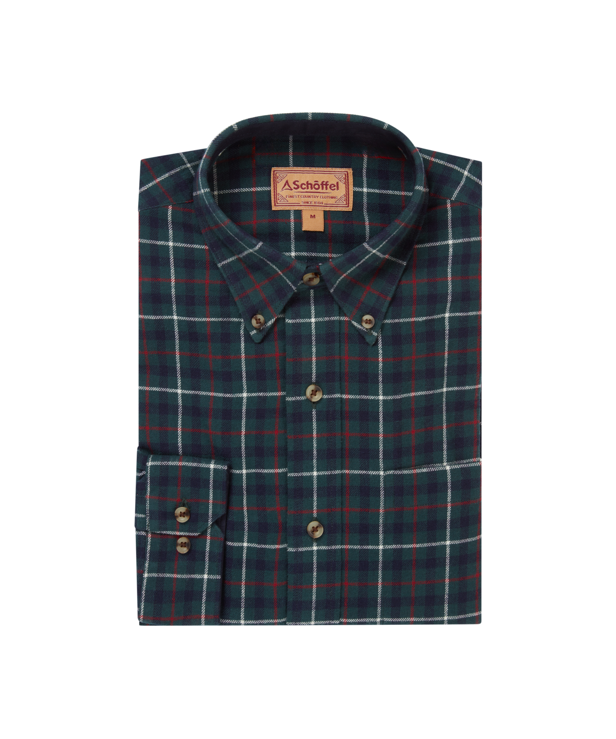 Folded plaid shirt with brand label on a white background