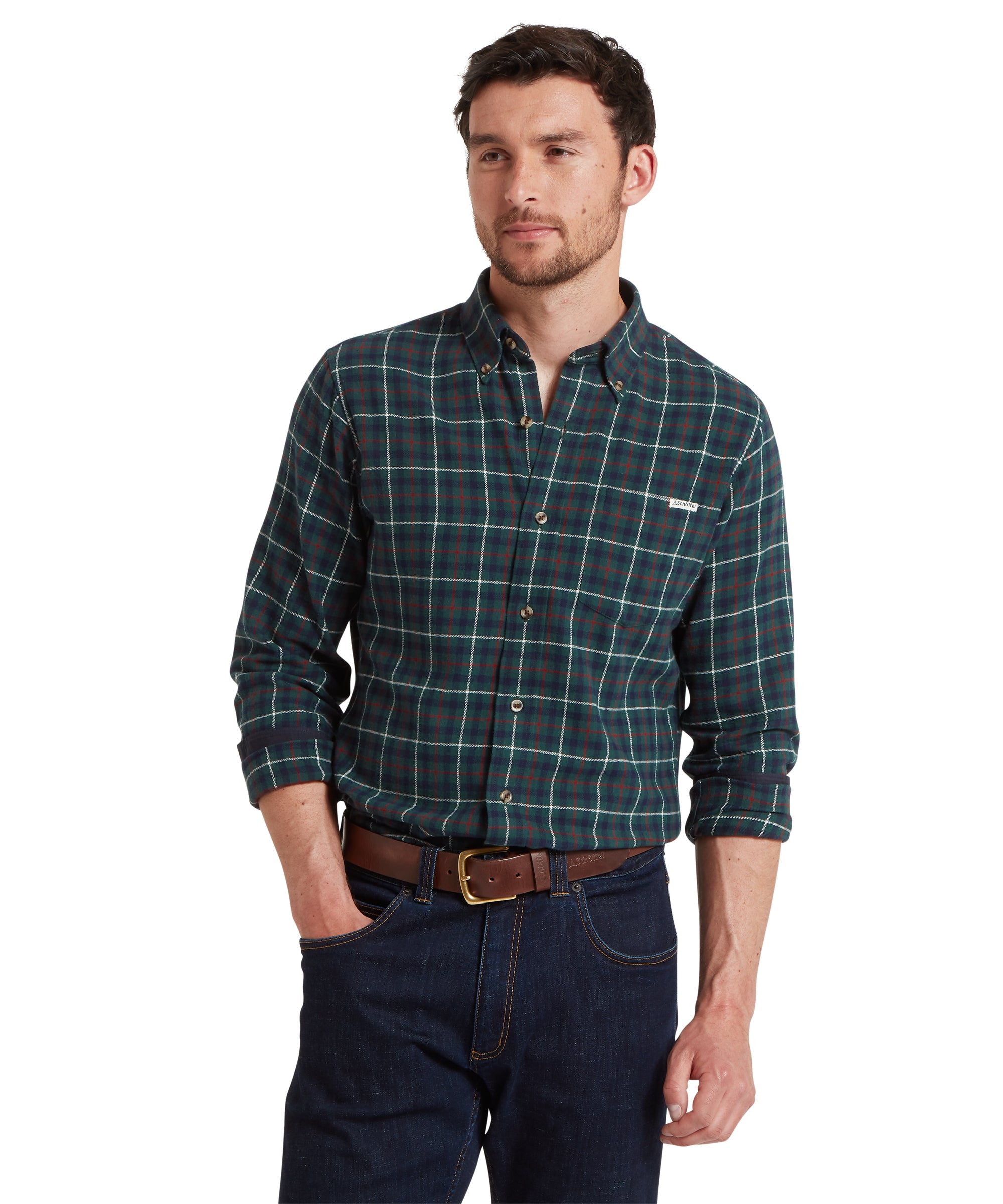 Man wearing a plaid shirt and jeans on a white background