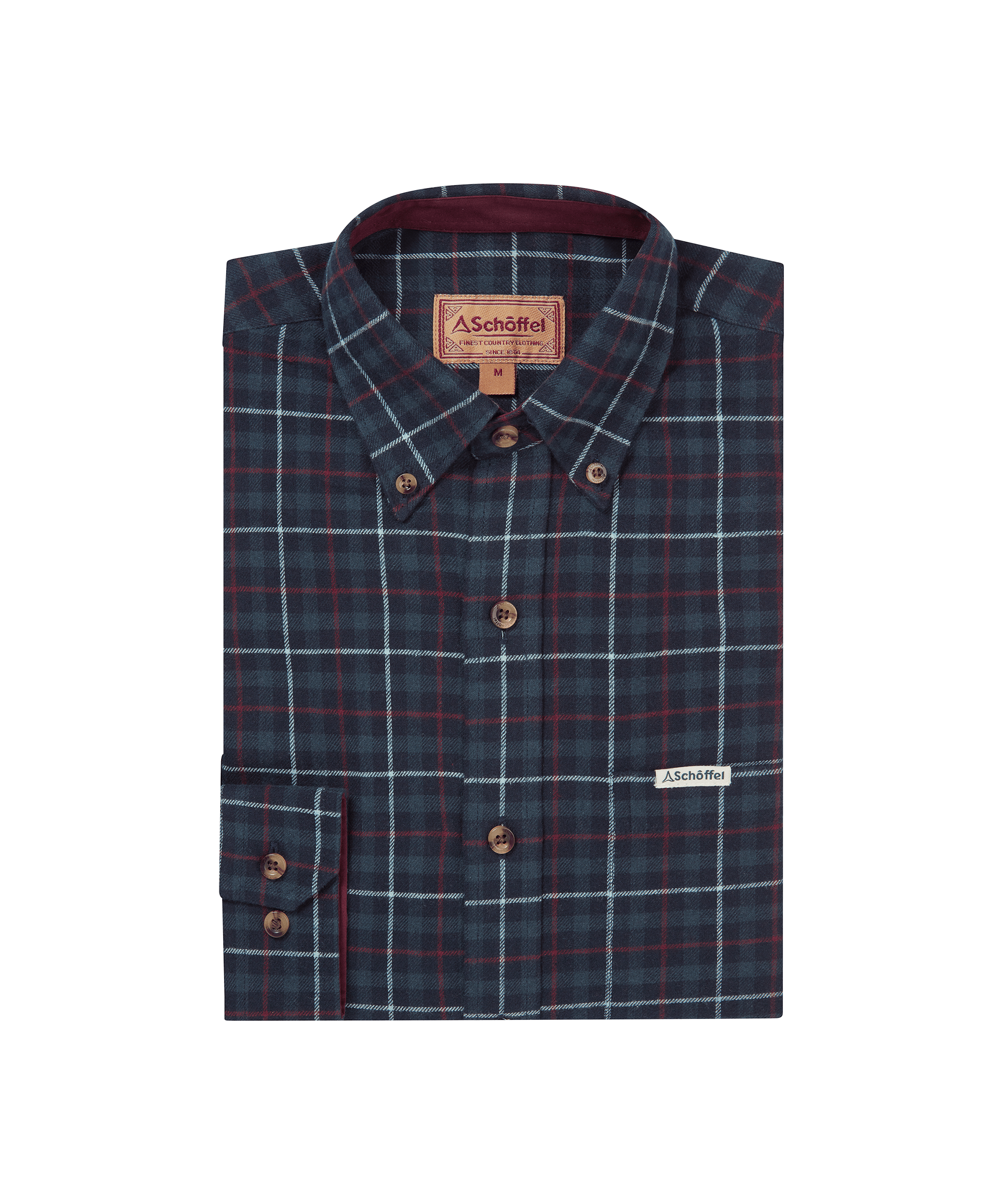 Schöffel men's folded flannel shirt in navy with a bold red and white windowpane check, button-down collar and branded patch label