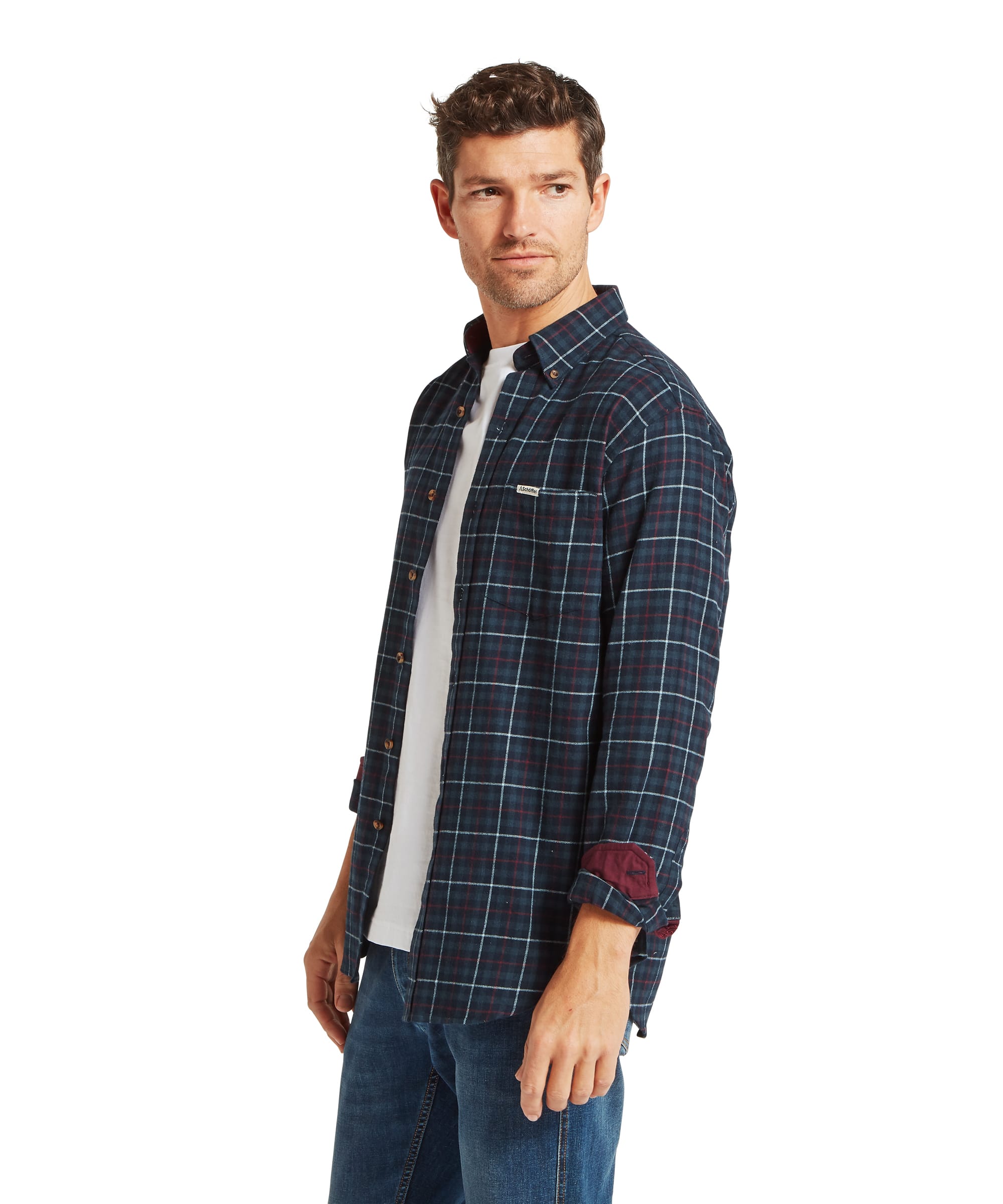 Schöffel Men's Akenham Shirt in Blue - close-up detail of the navy tartan check fabric, button-down collar with horn-effect buttons, and Schöffel logo badge on the chest pocket.