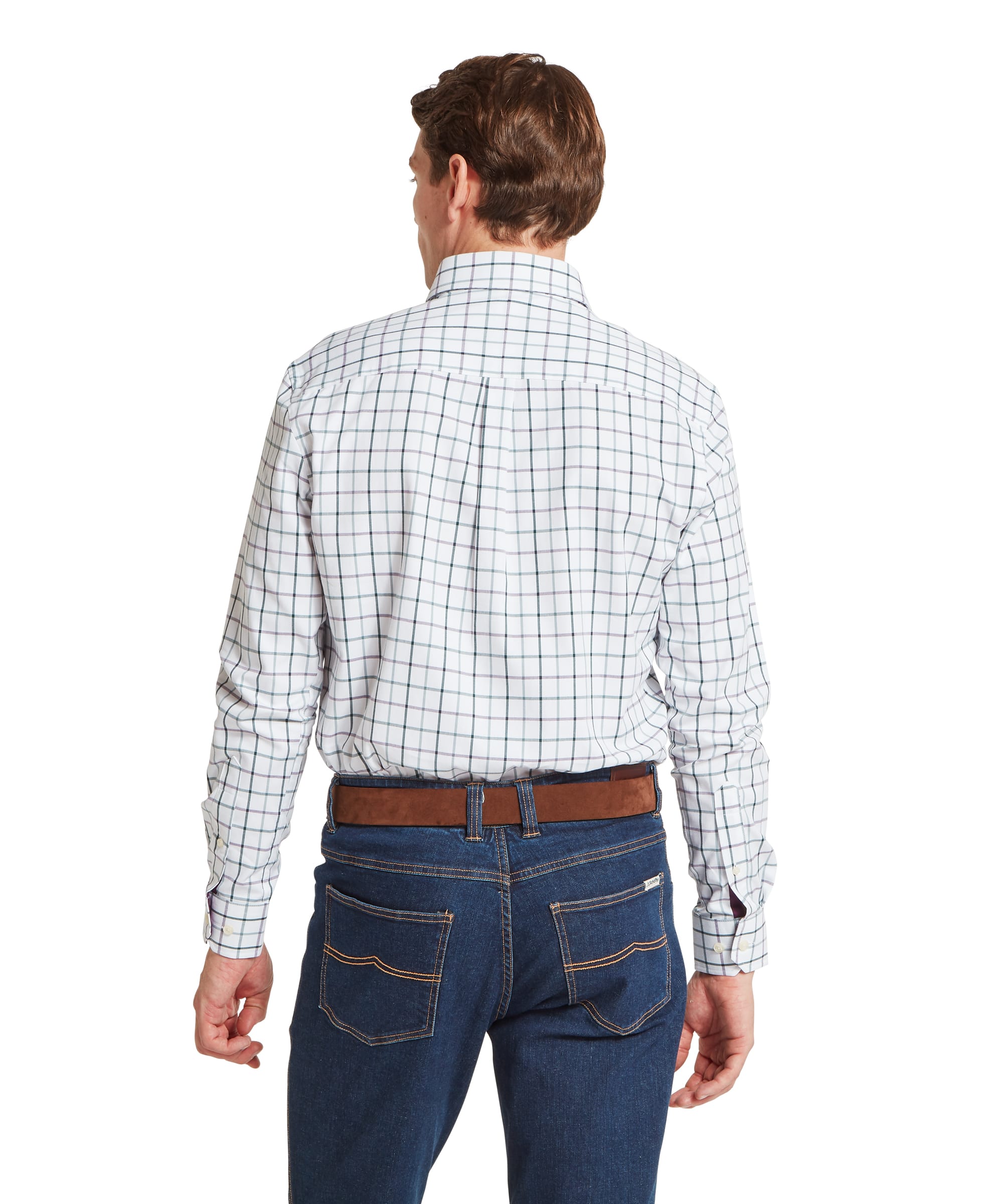 Schöffel Men's Baconsthorpe Tailored Shirt in Purple - side profile view of the slim tailored shirt with fine windowpane check, worn tucked into dark jeans with a tan leather belt and brown suede loafers.