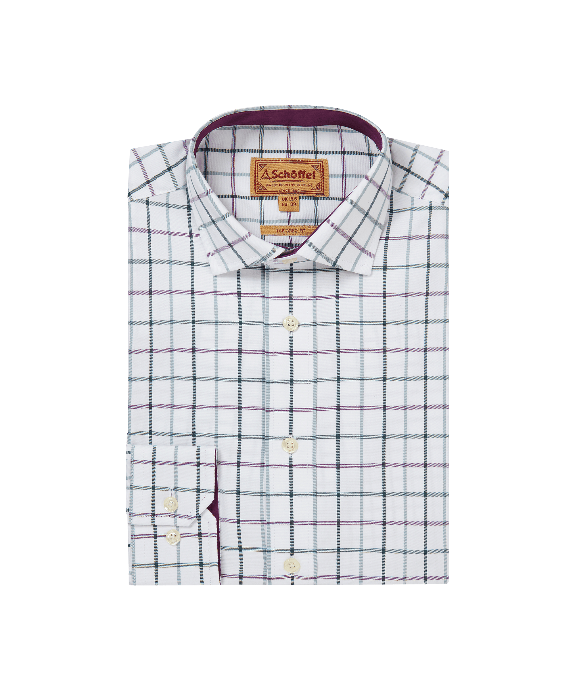 Schöffel men's folded classic country shirt in white with a fine purple windowpane check, button collar and burgundy contrast collar lining