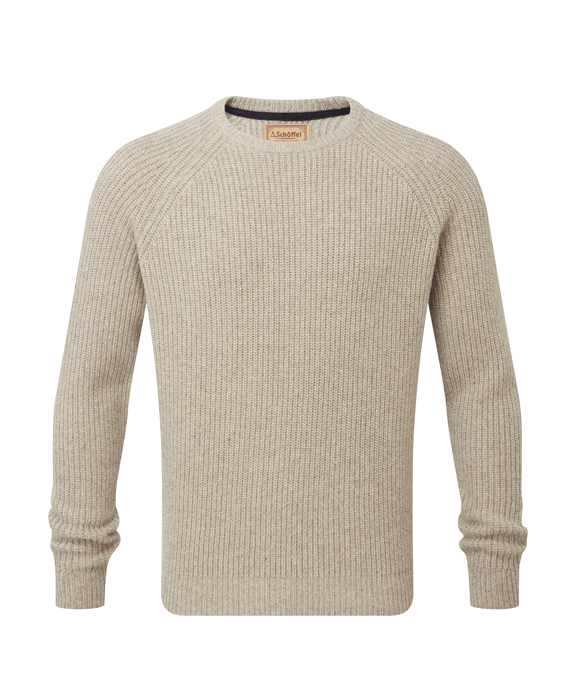 Schöffel men's chunky ribbed crew-neck sweater in natural oatmeal with a branded patch label