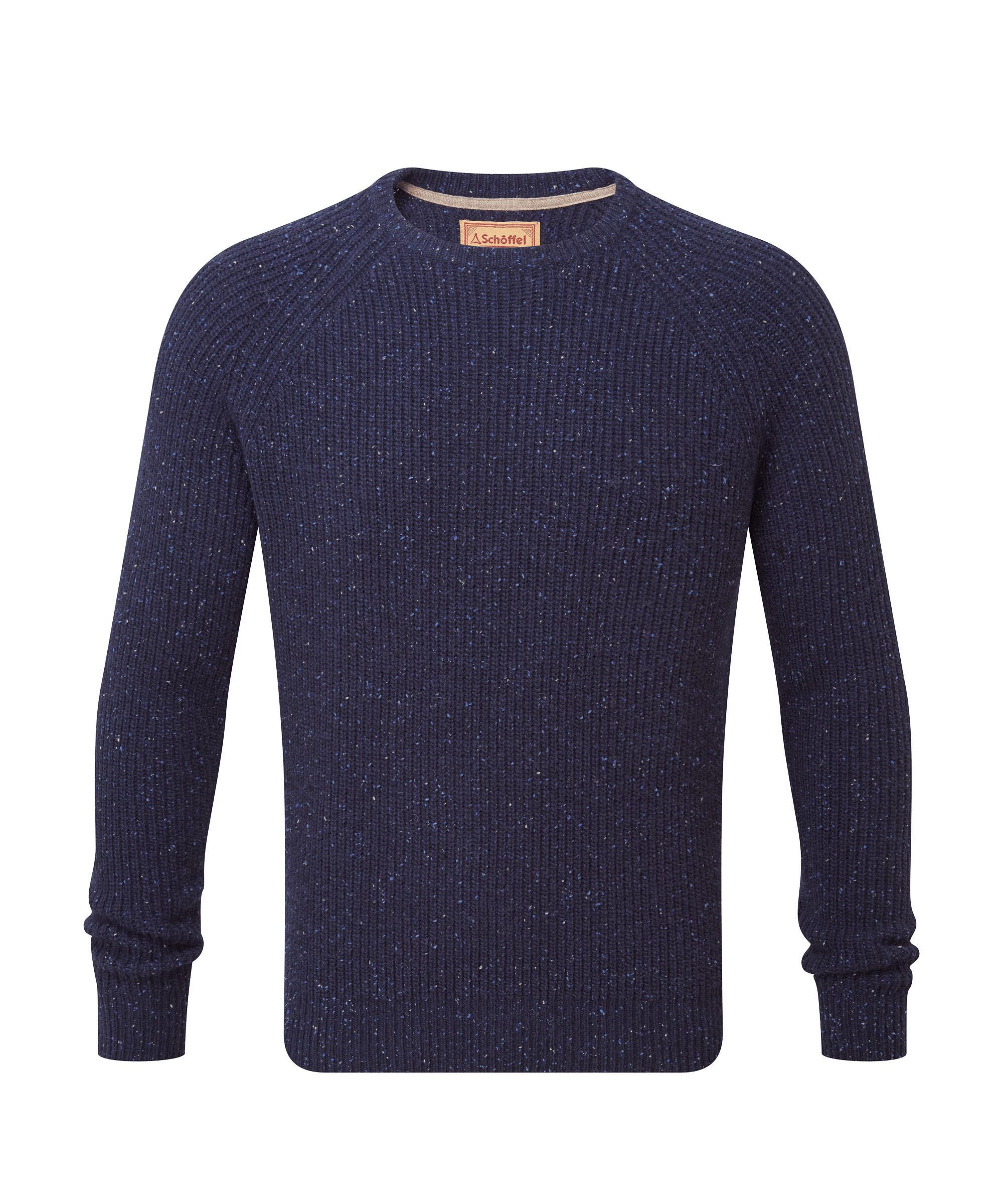 Schöffel men's flecked crew-neck sweater in navy with a branded patch label
