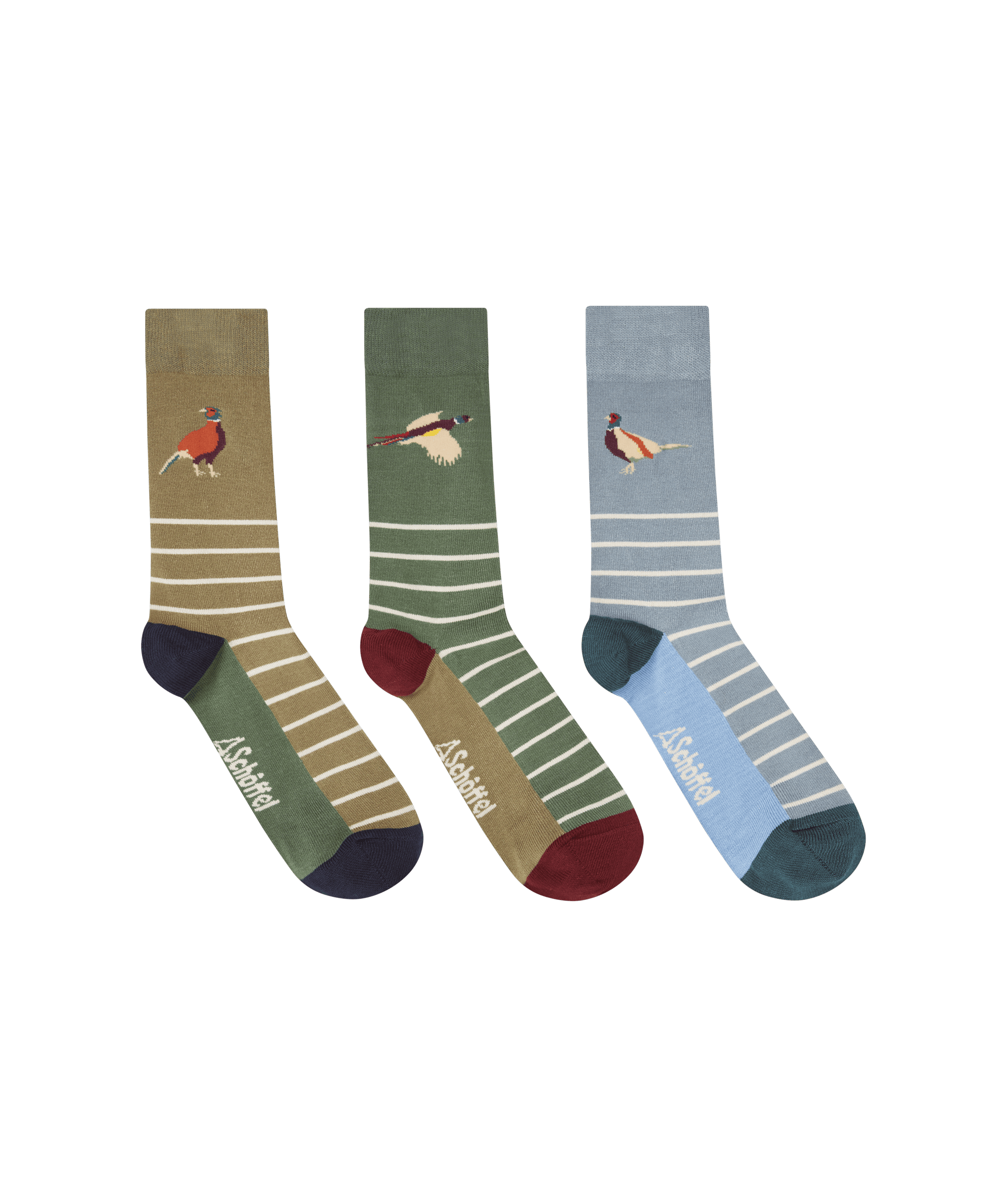 Three pairs of socks with bird designs on a white background
