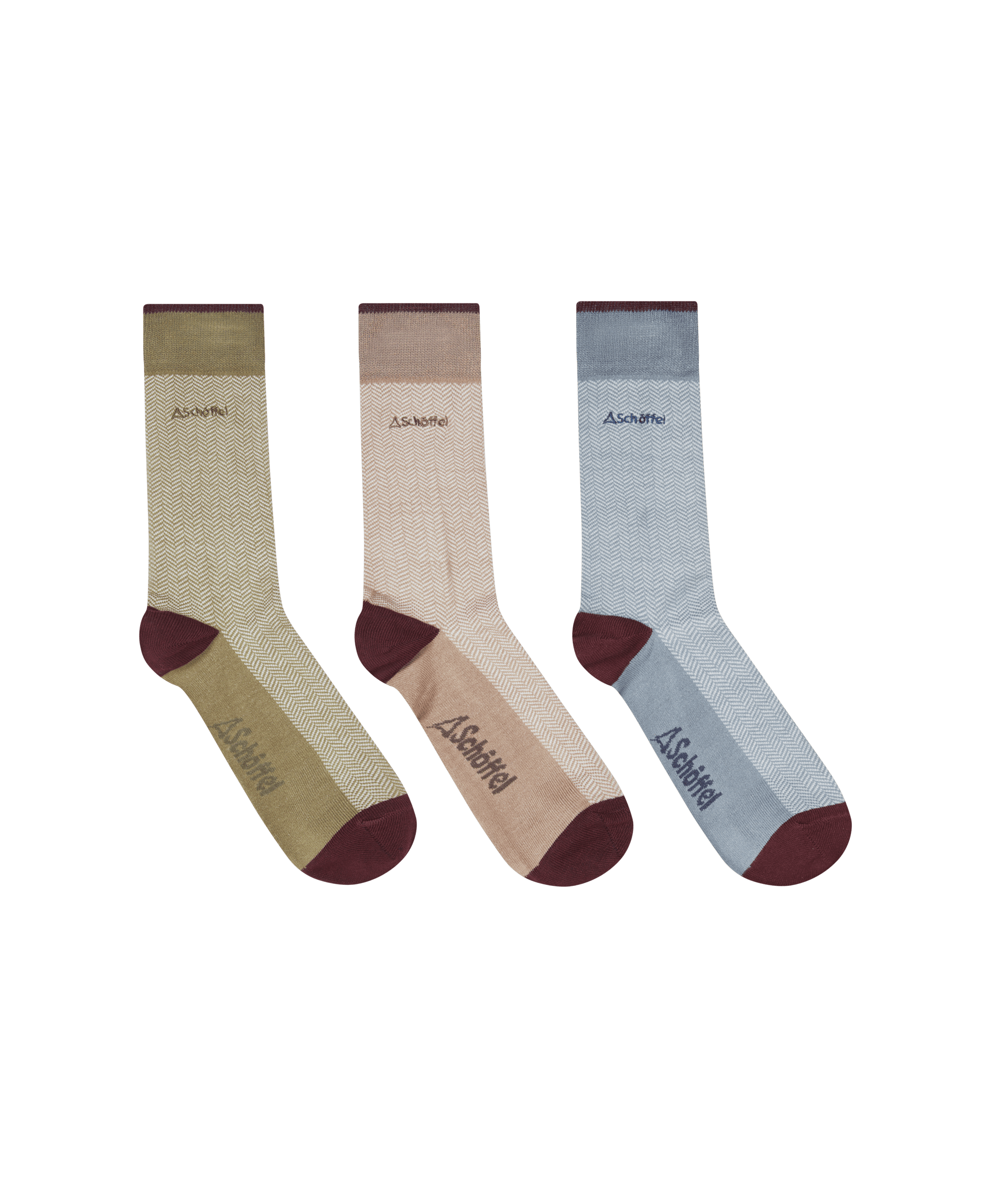 Three pairs of socks in beige, pink, and blue with a brand logo on a white background