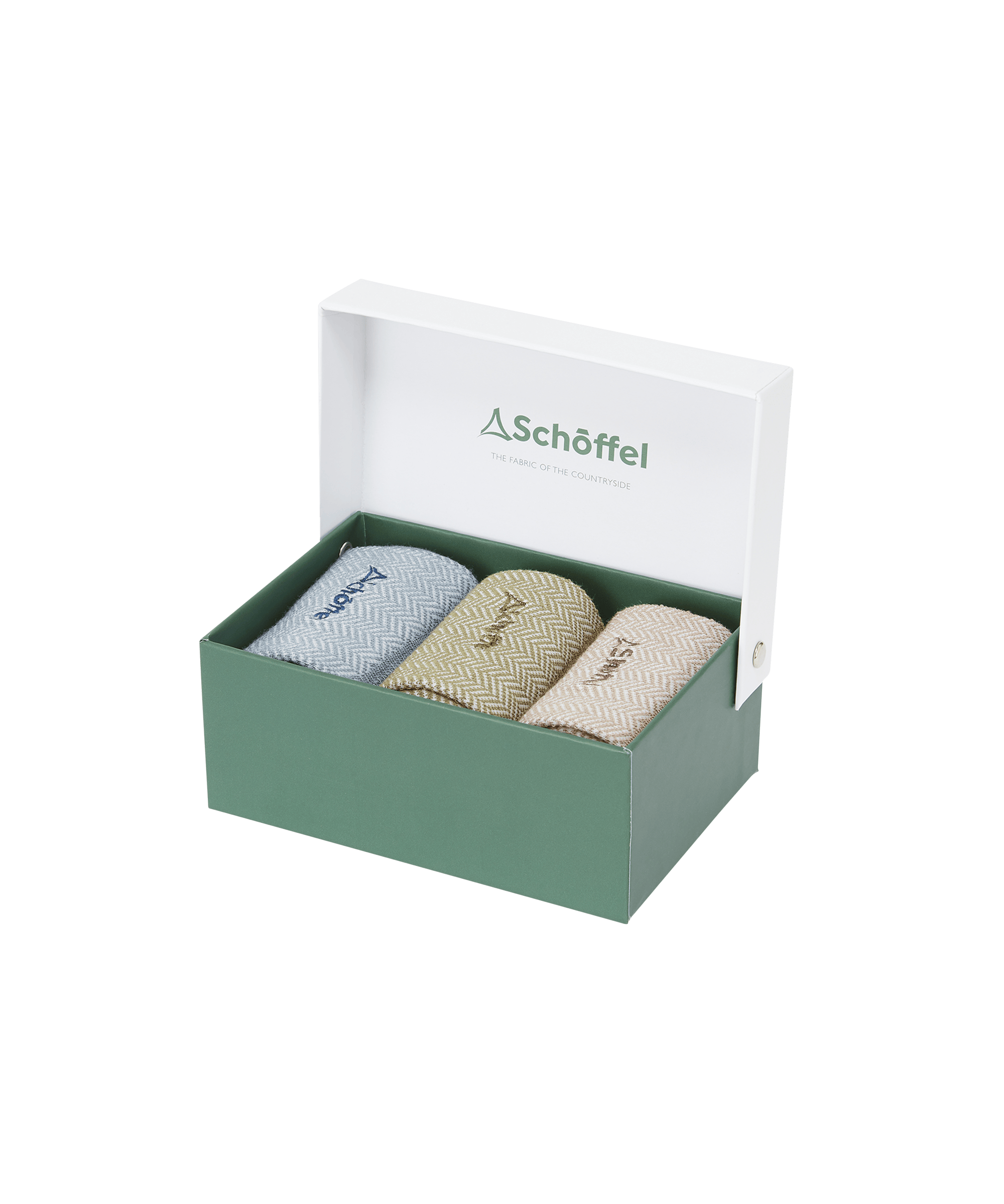 Three pairs of socks in a Schöffel branded box on a white background