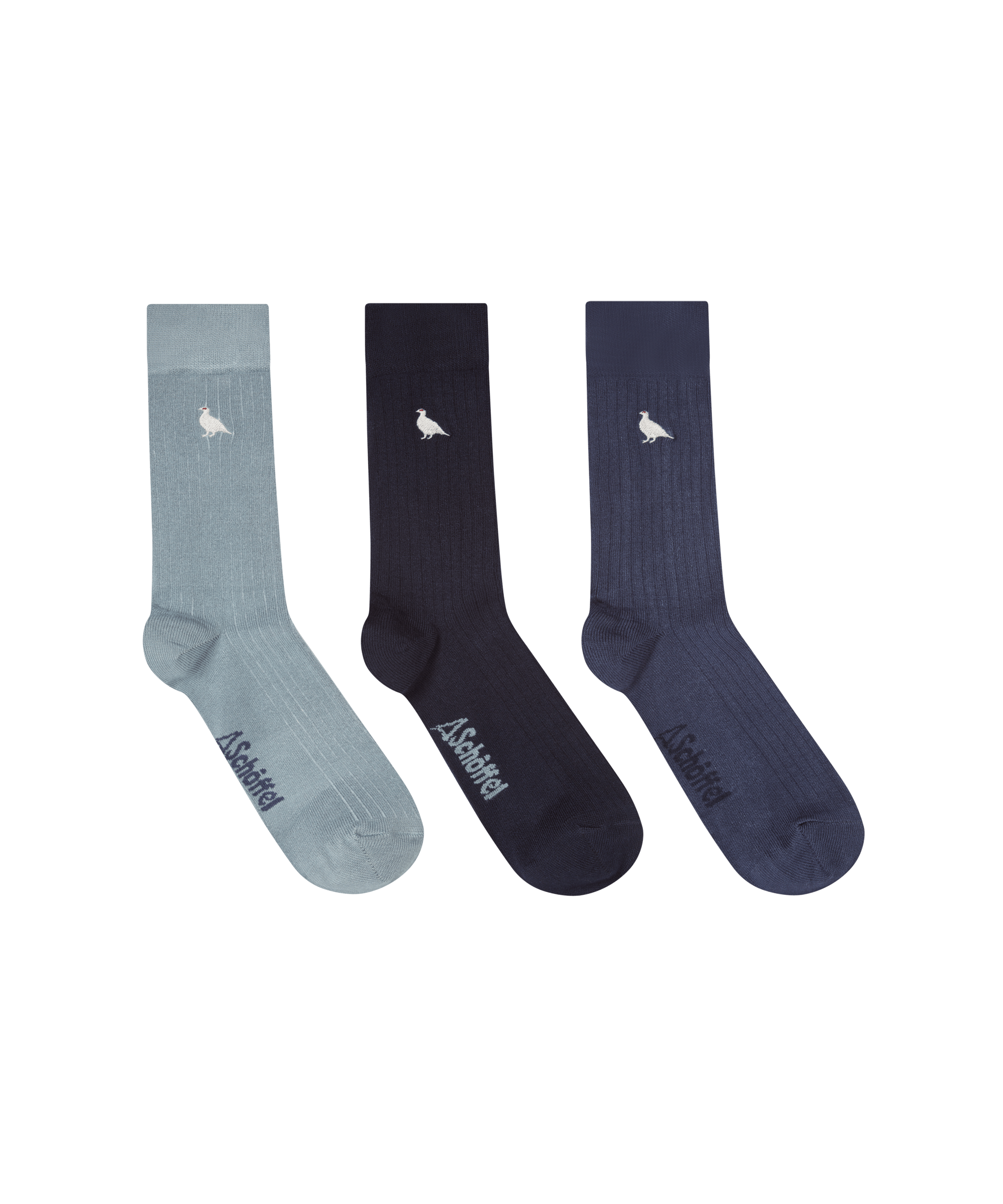 Three pairs of socks in light blue, black, and navy on a white background