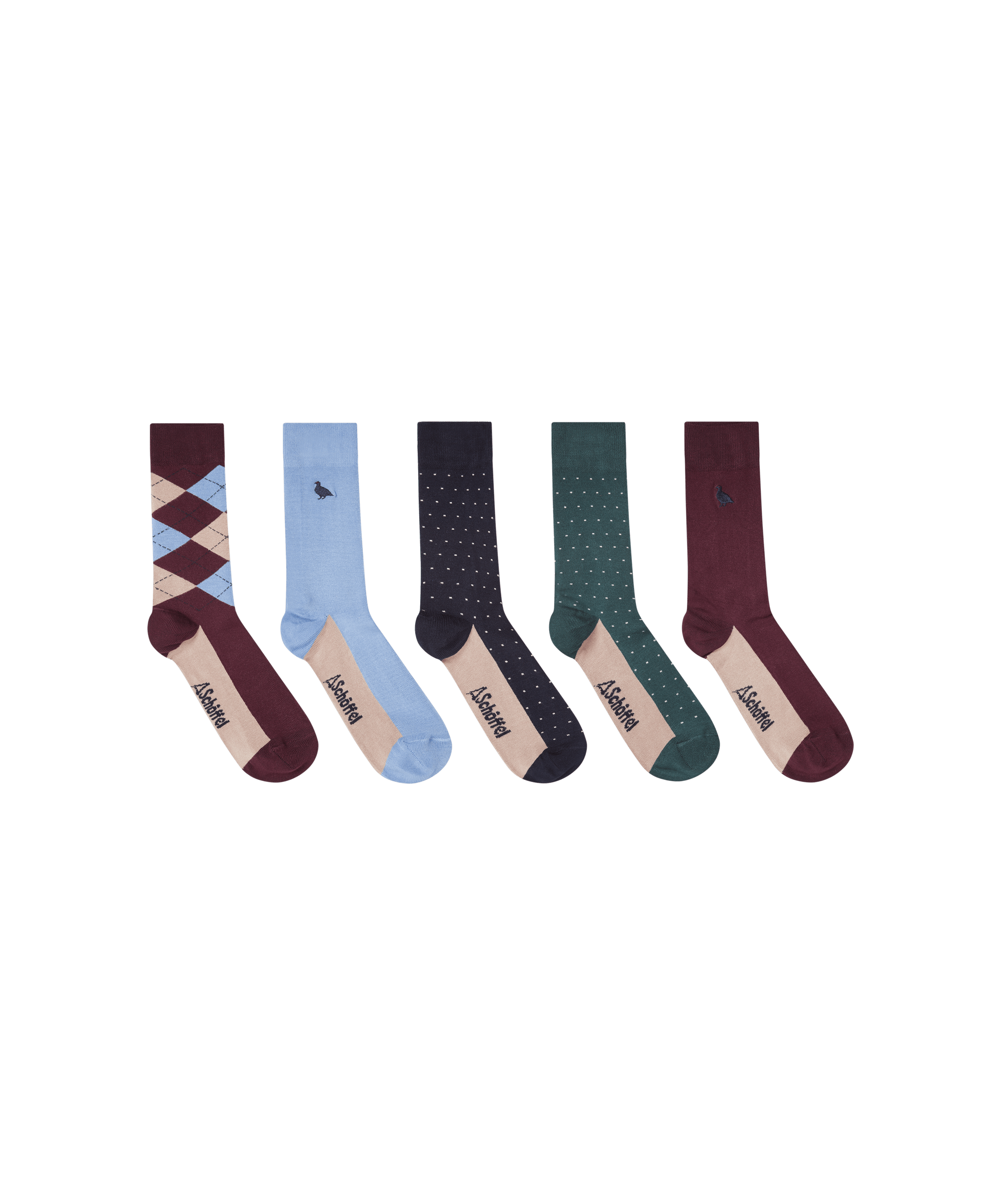 Five pairs of patterned socks on a white background