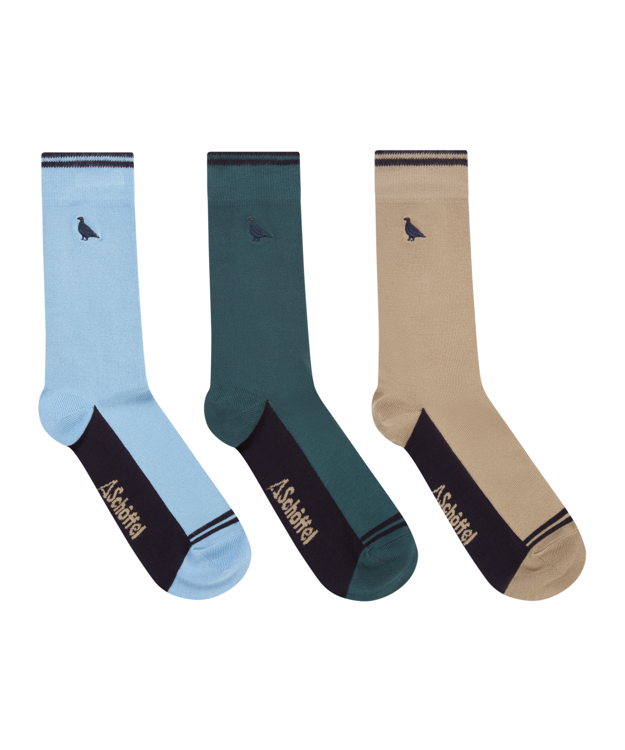 Three pairs of socks in blue, green, and beige with branding on a white background