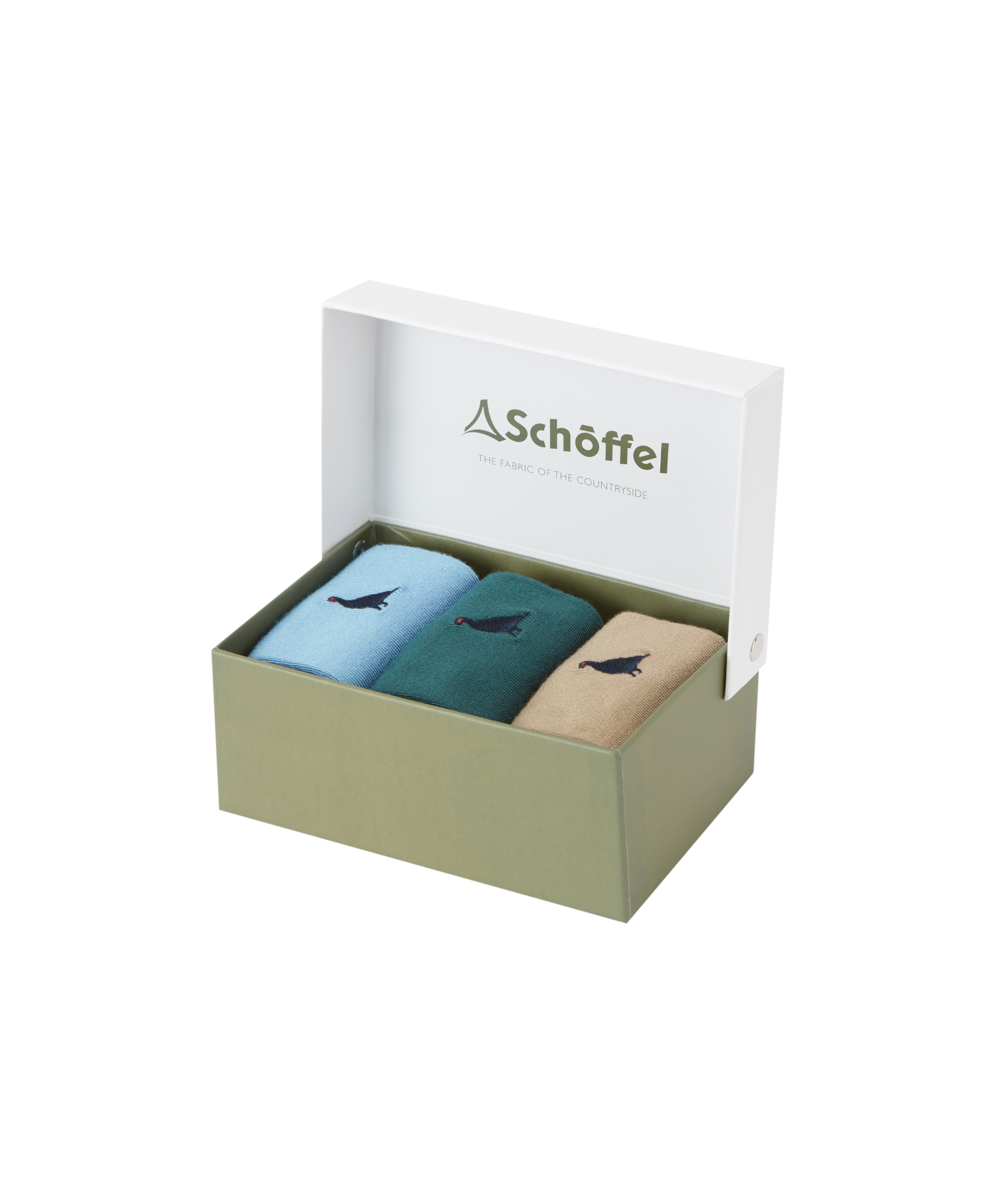 Set of three socks in a box with Schöffel logo on a white background