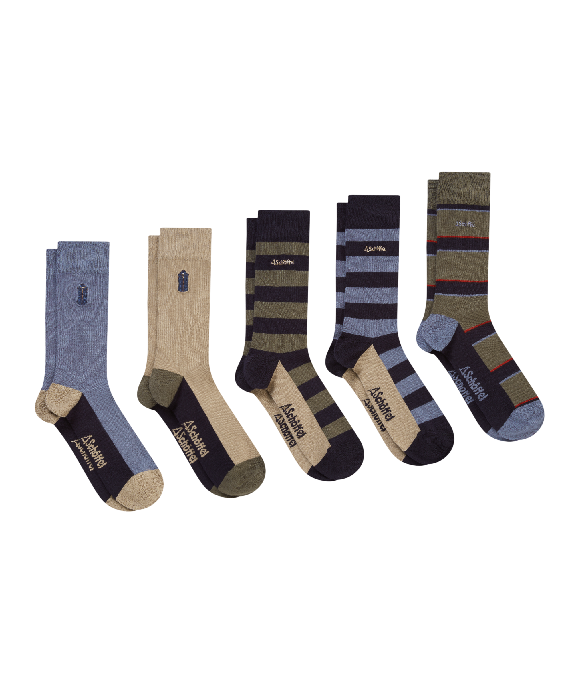 Set of six pairs of patterned socks on a white background