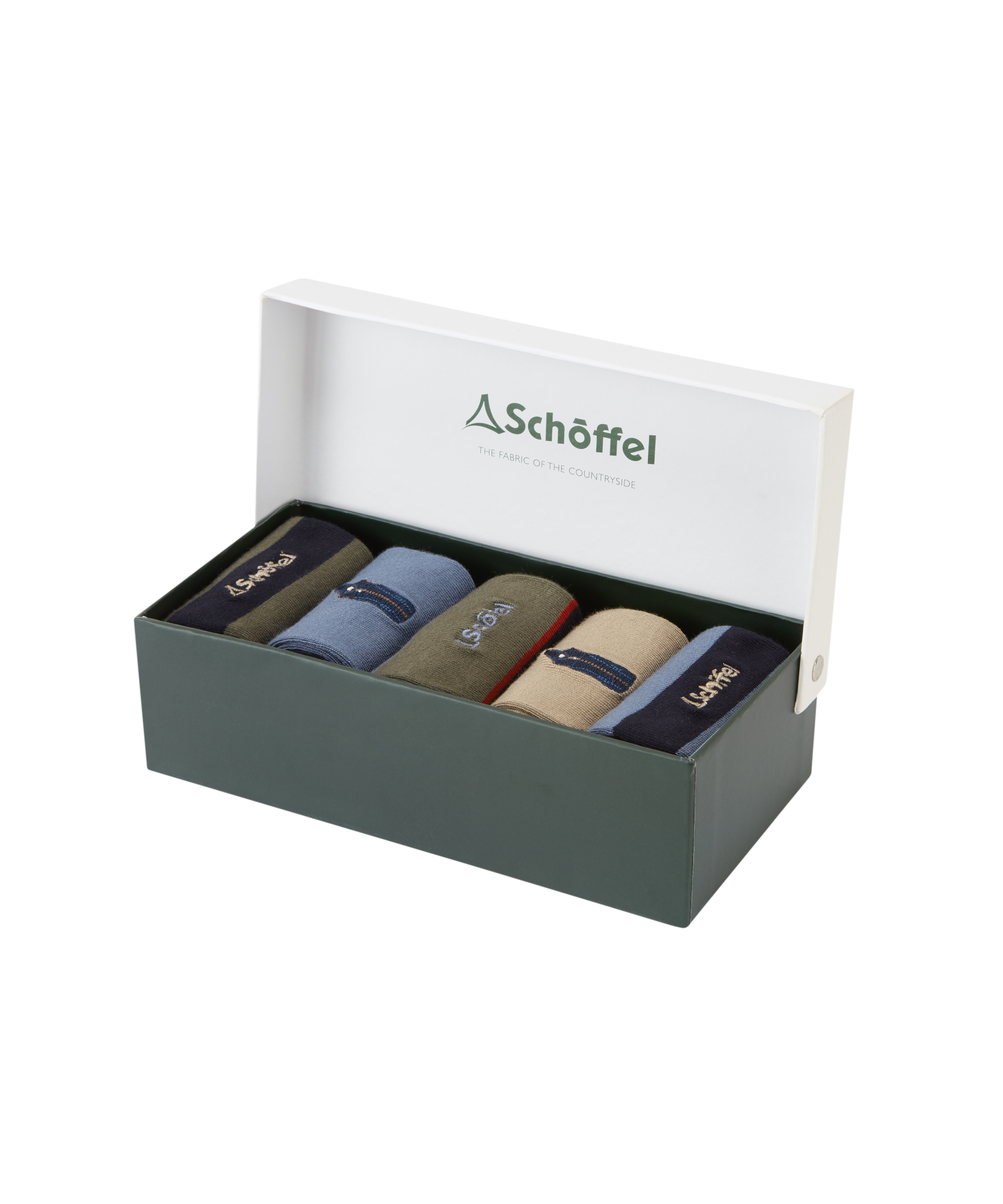 Set of socks in a Schöffel box on a white background