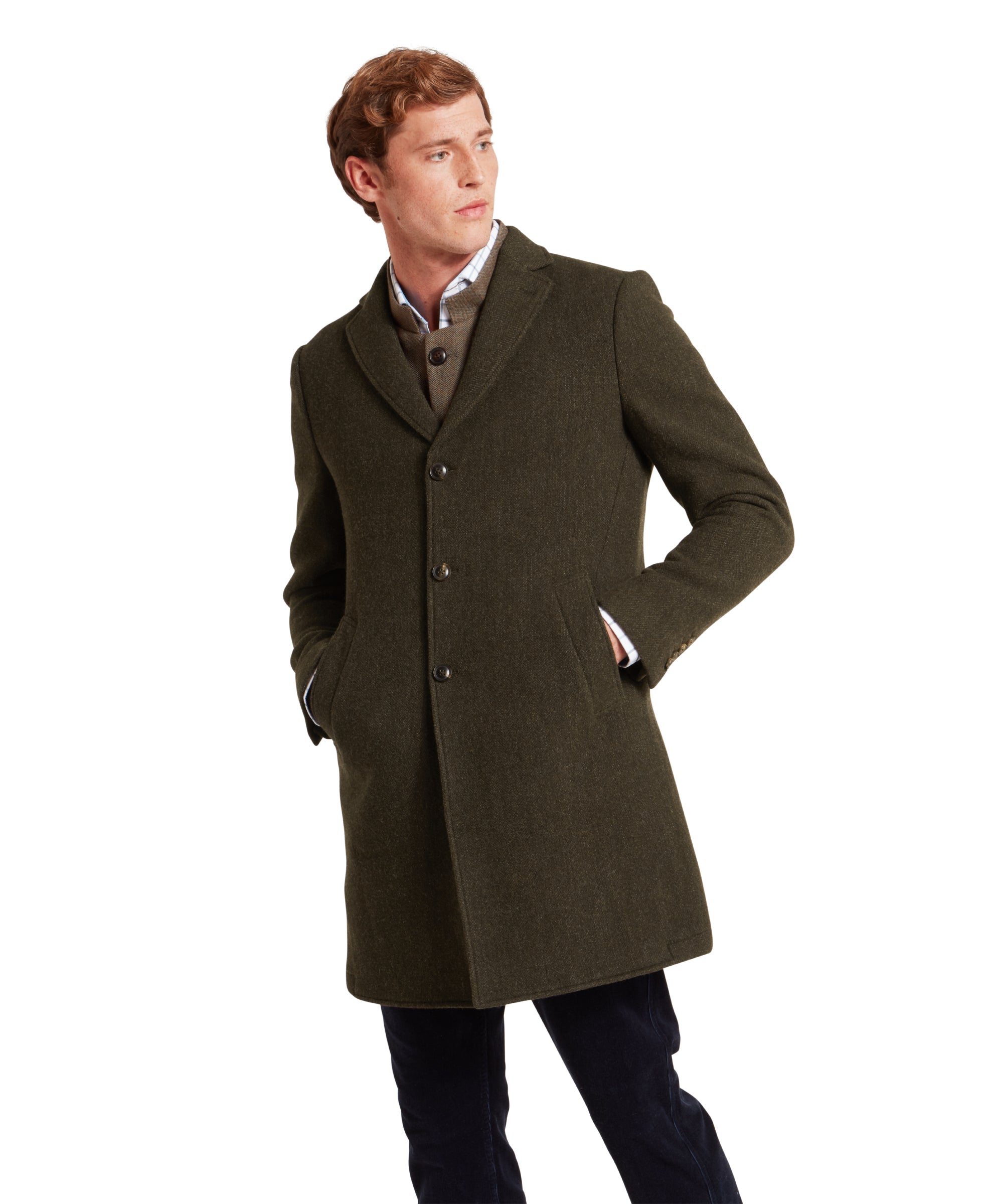 Banchory Tweed Coat - Dark Olive Herringbone Tweed