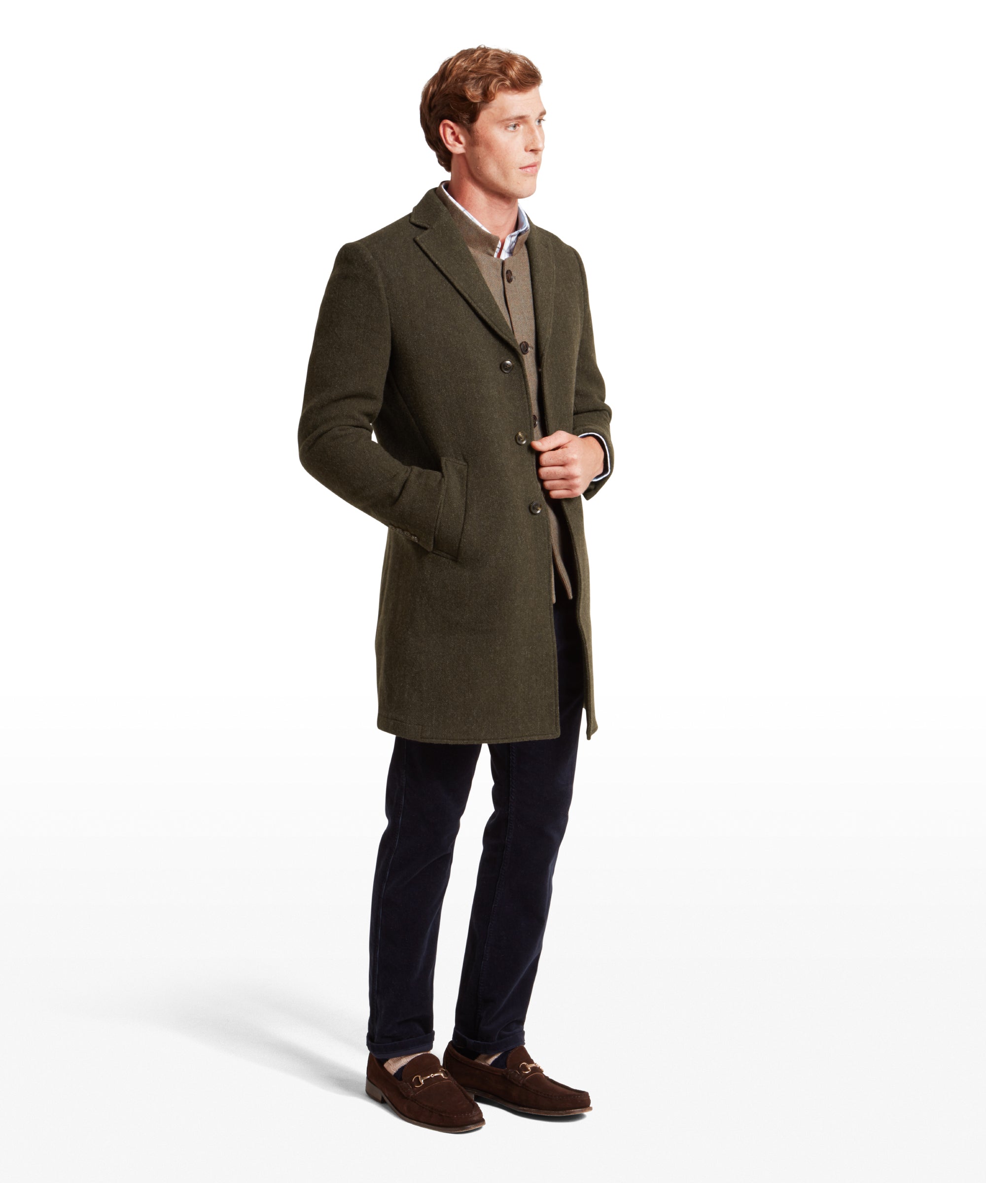 Banchory Tweed Coat - Dark Olive Herringbone Tweed