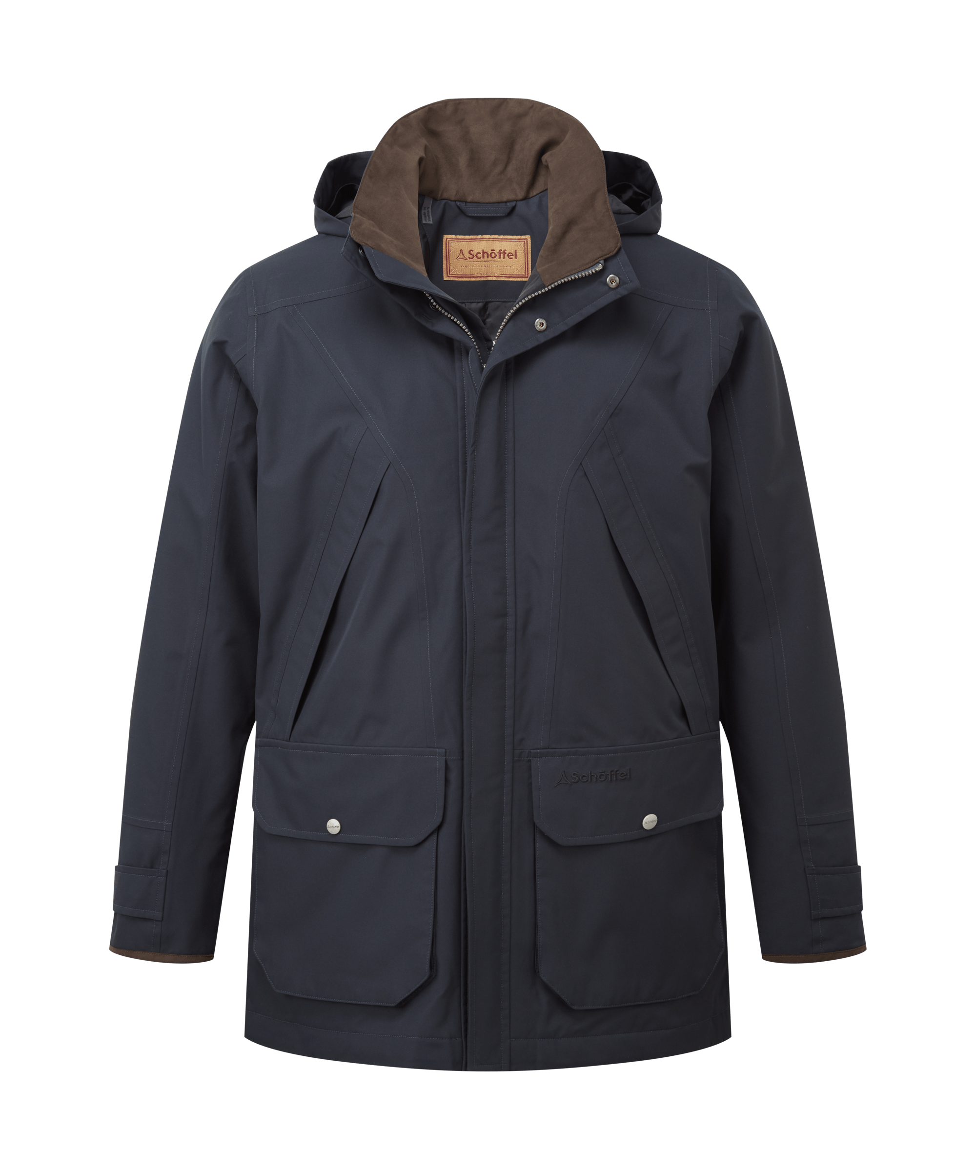 Schöffel men's zip-up waterproof field jacket in navy with a fleece-lined collar, large flap pockets and snap button details