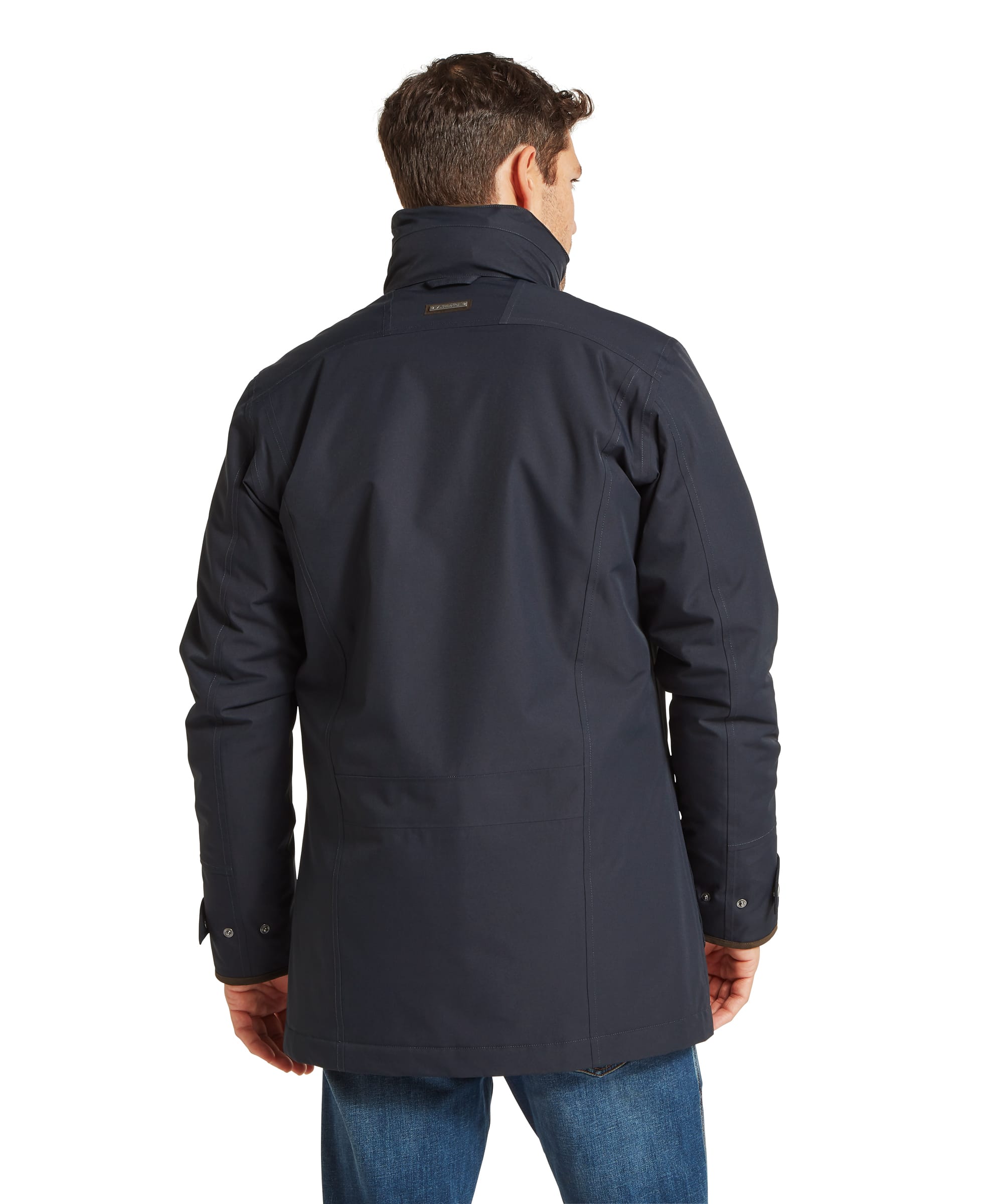 Detail shot of the Schöffel Men's Barrow Country Coat in Navy, showing the large external flap pocket with press-stud fastening and warm suede-trim lining, with the wax cotton inner cuff detail visible.