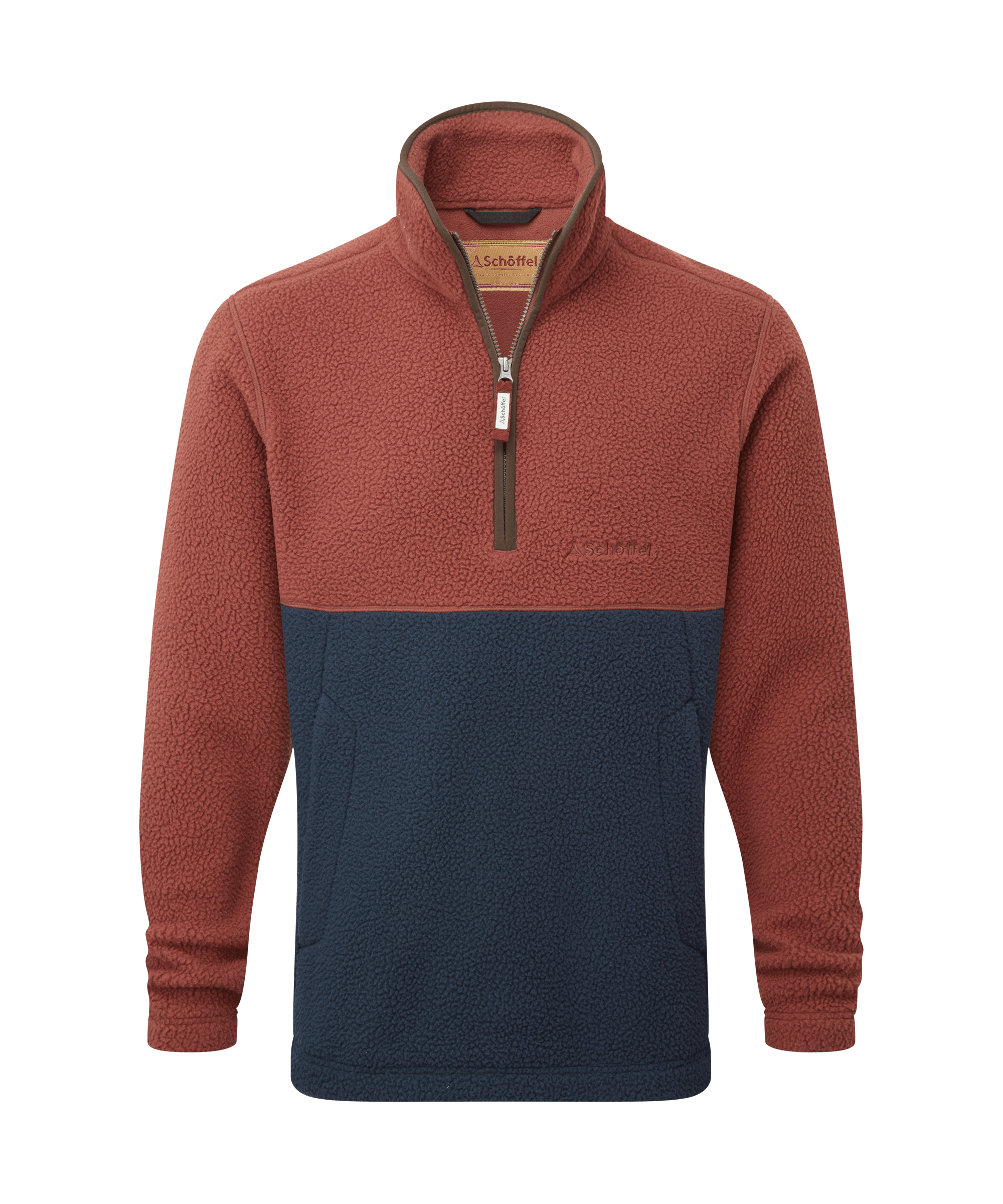 Two-tone red and navy pullover fleece with a zipper on a white background