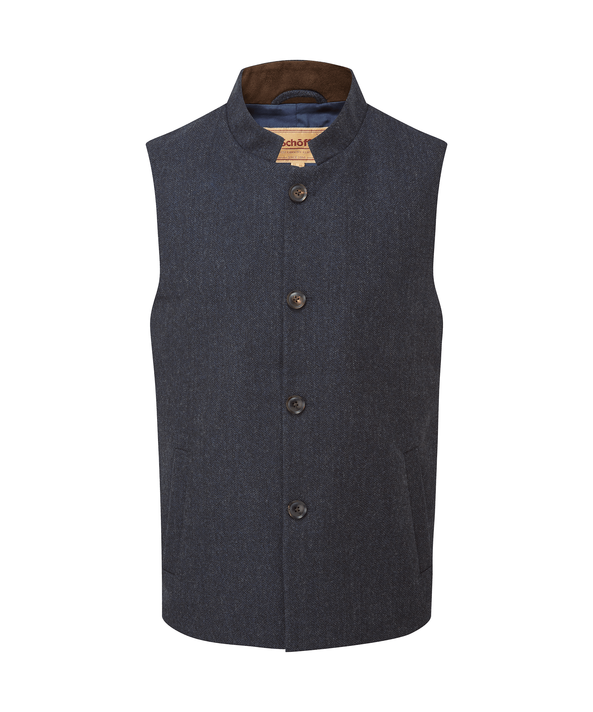 Schöffel men's textured tweed waistcoat in dark navy with a button front, suede-trim collar and branded patch label