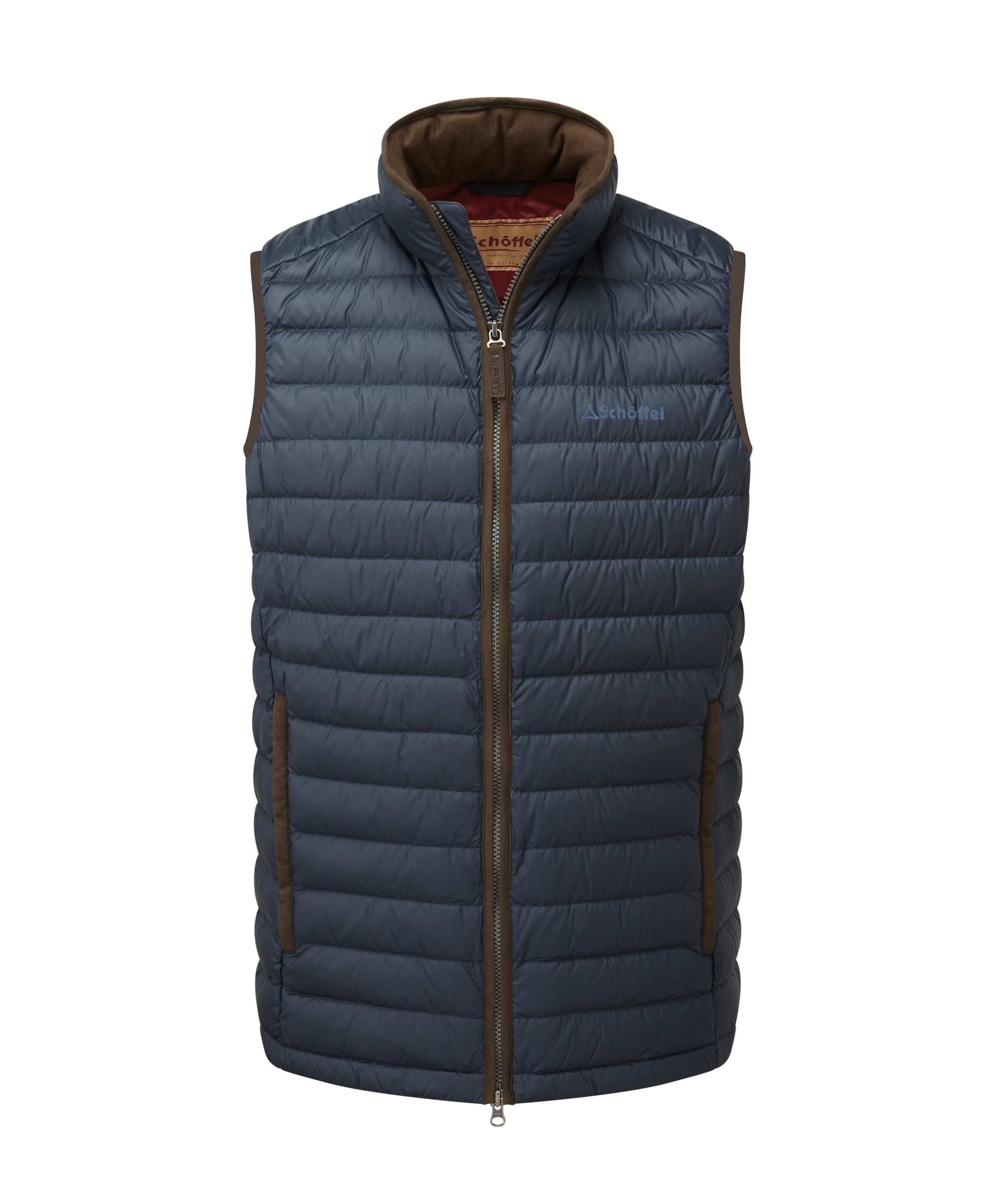Bowden Down gilet true navy navy blue quilted gilet with brown zipper trim and contrasting inner lining