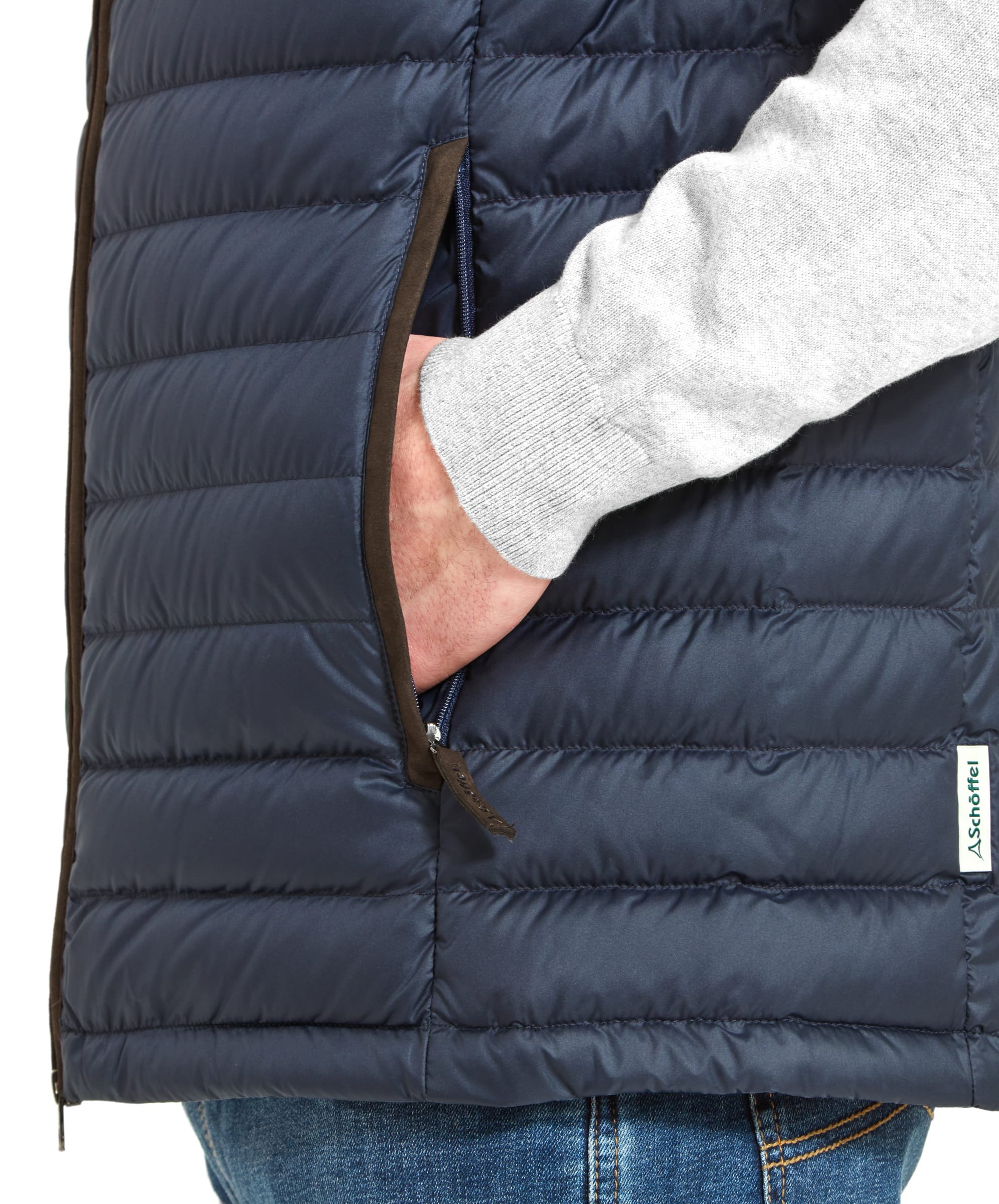 Navy blue quilted puffer vest with brown zipper trim Bowden Down Gilet True Navy for cold weather layering