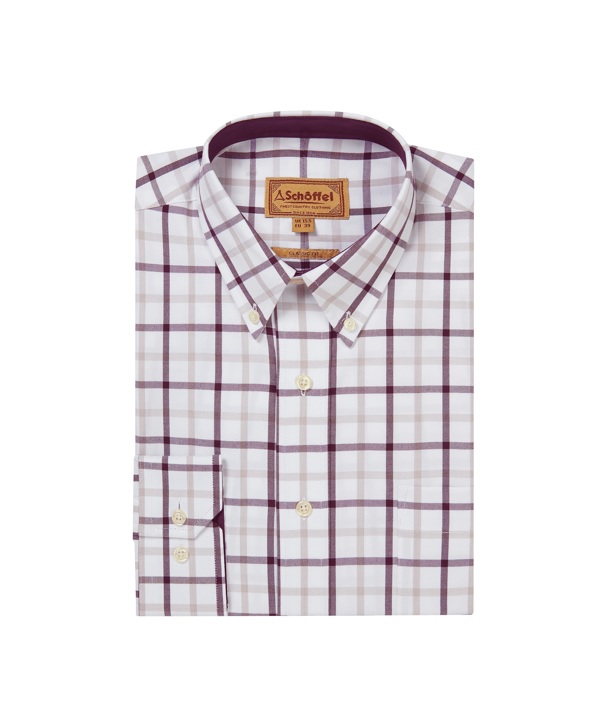 Schöffel men's folded country shirt in white with a bold burgundy windowpane check, button-down collar and branded patch label