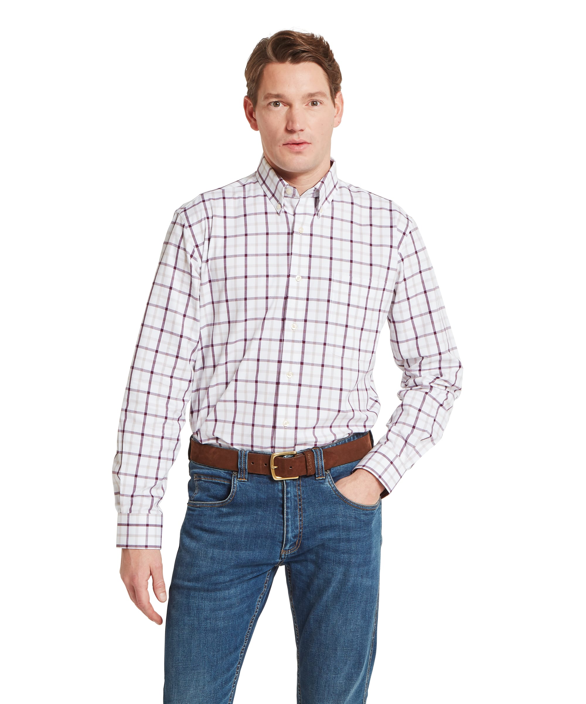 Schöffel Men's Brancaster Classic Shirt in Red - front view of a classic-fit white ground shirt with a bold burgundy and grey windowpane check, button-down collar, and chest pocket, worn tucked into blue jeans with a tan leather belt.