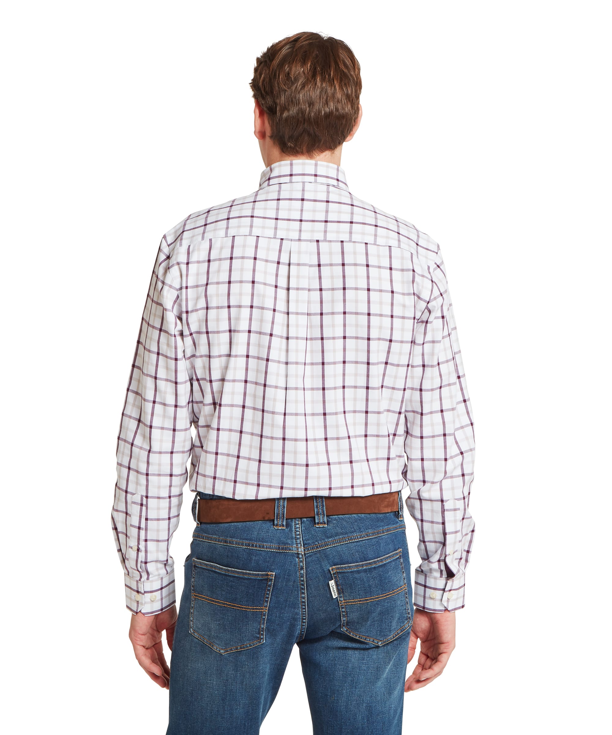 Schöffel Men's Brancaster Classic Shirt in Red - rear view showing the centre box pleat and clean cut of the white ground burgundy windowpane check shirt, worn tucked into blue jeans with a tan leather belt.
